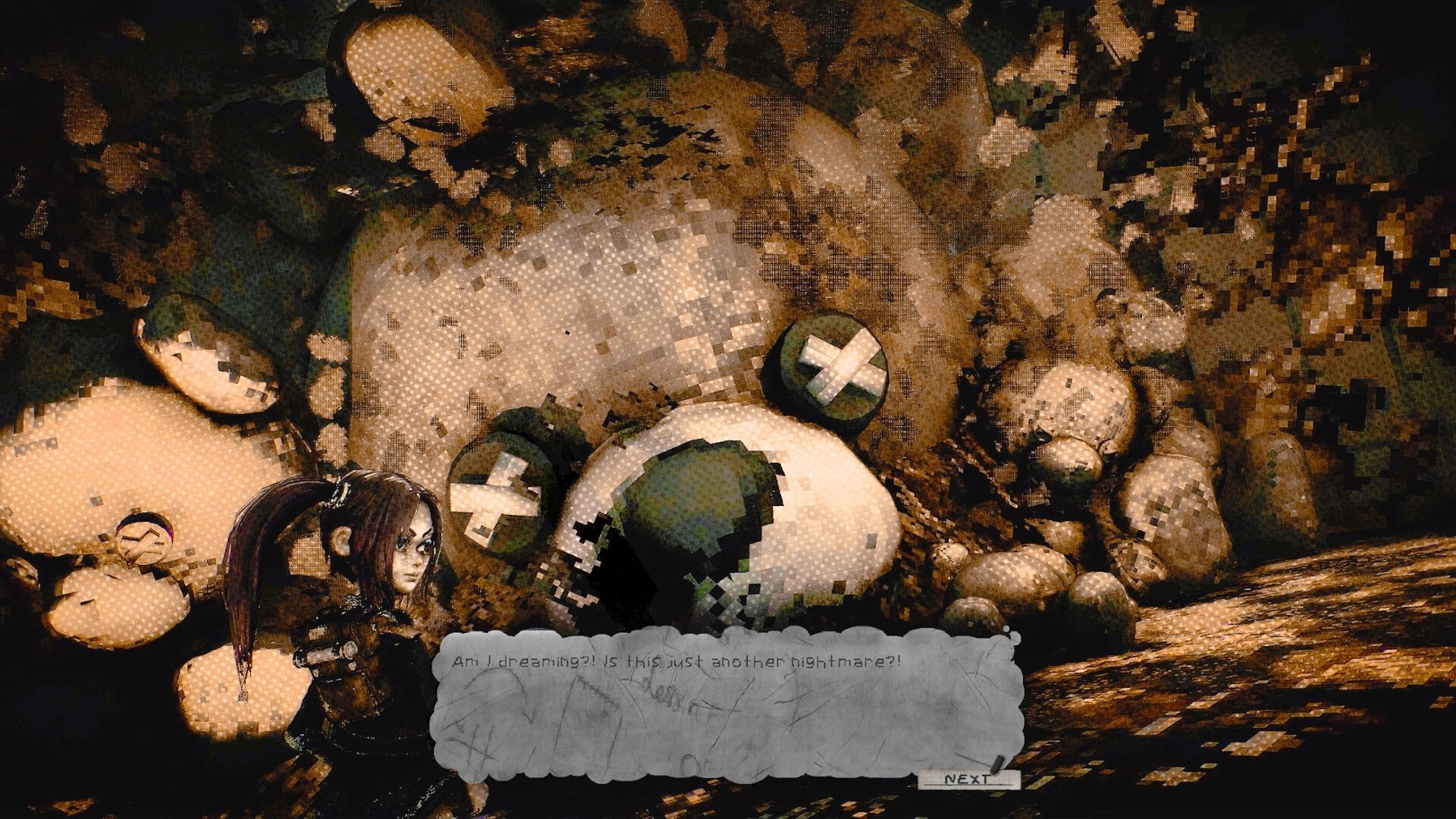 Dithered: Girl stands by giant stitched teddy bears with dialogue box and Next button in dim cave.