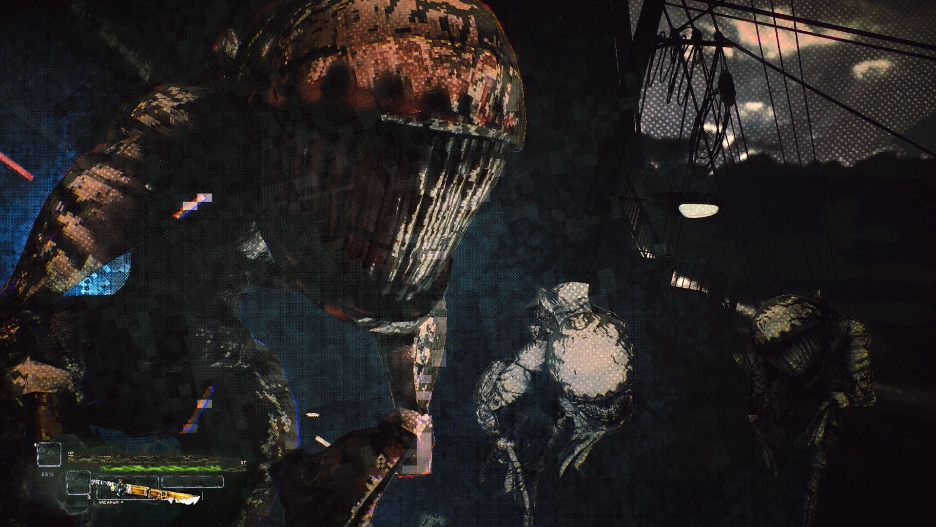 Dithered: Player aims shotgun at towering armored monster in dark industrial chamber with HUD.