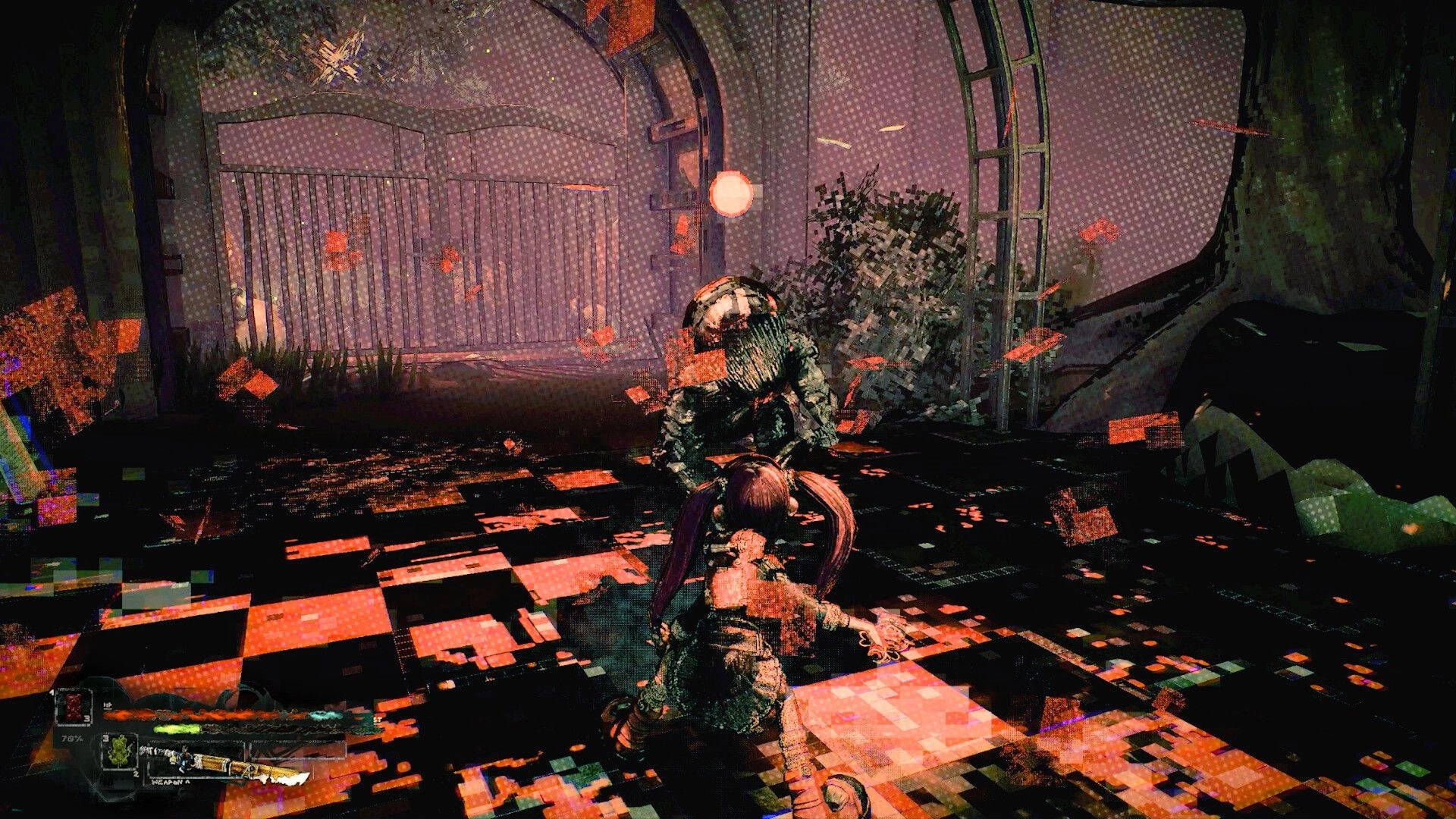 Dithered: Player character confronts a hulking enemy amid glitch pixels in a ruined corridor arena.
