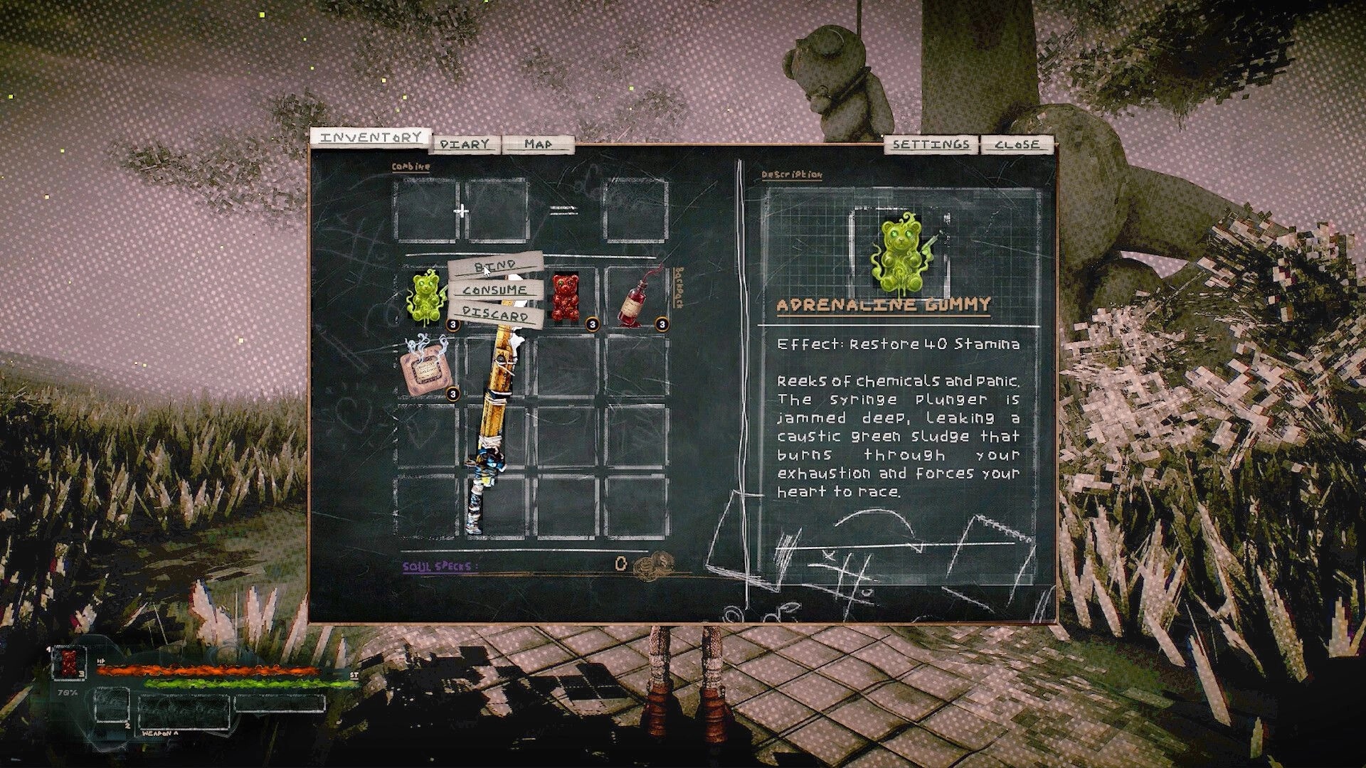 Dithered: Inventory menu highlighting Adrenaline Gummy item description over a grim field path scene.
