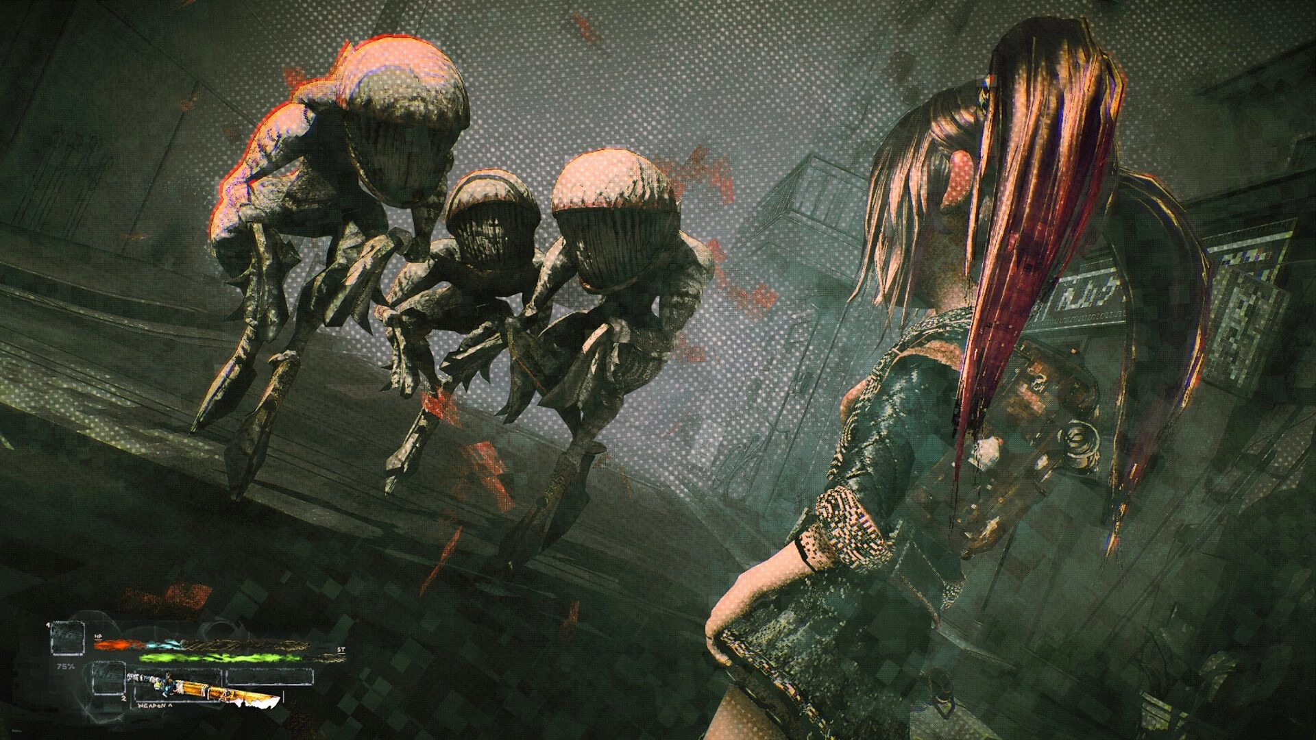 Dithered: Ponytailed survivor aims a shotgun at three crawling mutants in a grimy corridor scene.