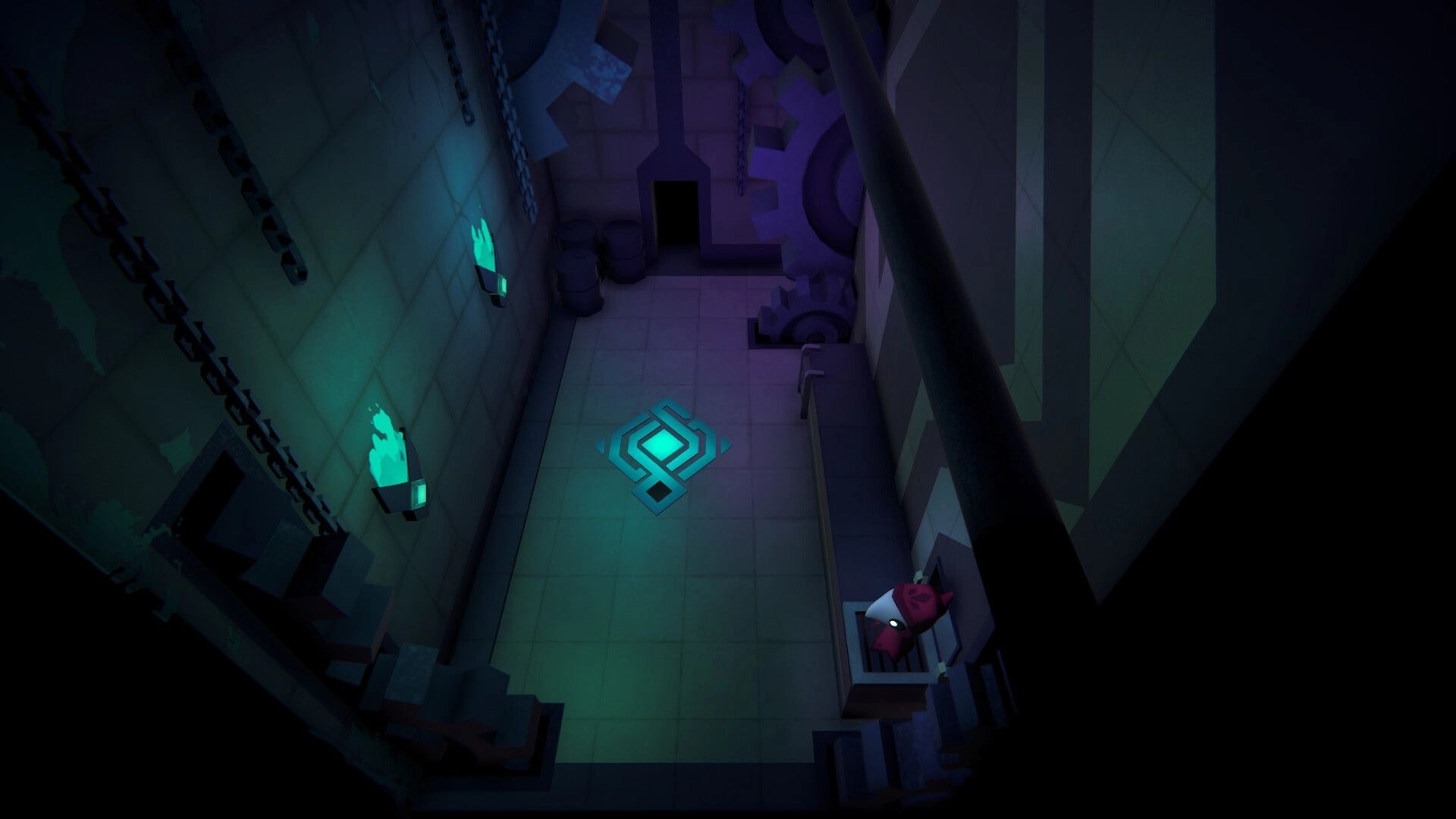DITTORI: Glowing floor sigil in a stone chamber with chains, teal torches, and a gear door puzzle.
