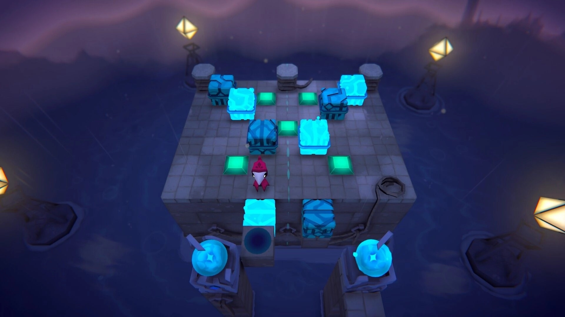 DITTORI: Red-hooded character navigates glowing blocks and green pads on a misty stone platform.