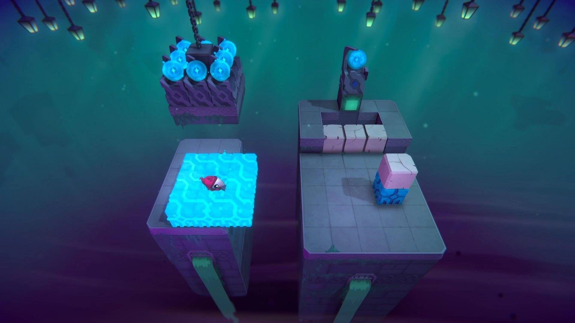 DITTORI: Bird-like hero on glowing blue tile, pushing blocks on floating platforms under lanterns.