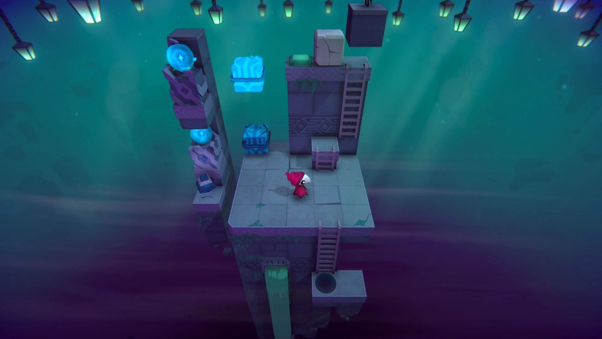 DITTORI: Red-hooded one-eyed character on stone platform with ladders, crates, and glowing orbs above.