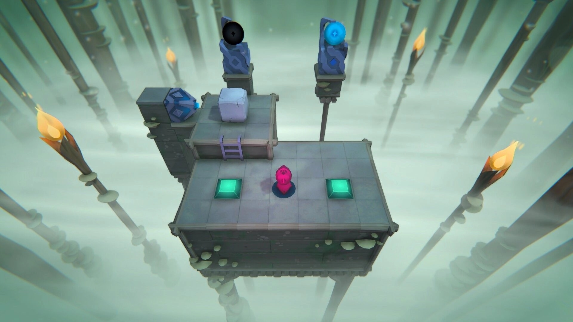 DITTORI: Pink pawn on tiled floating platform with green pads, cube, and orb pedestals in mist.