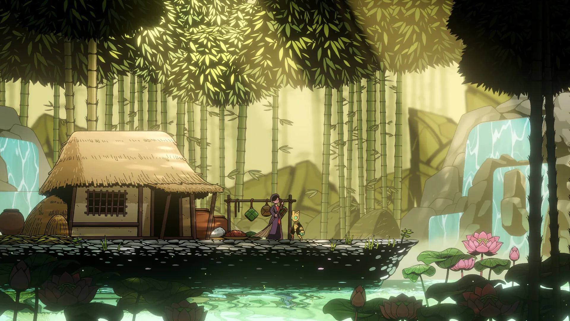 Divine Guardian | Vệ Thần: Character interaction by a bamboo hut amidst a serene jungle with waterfalls.