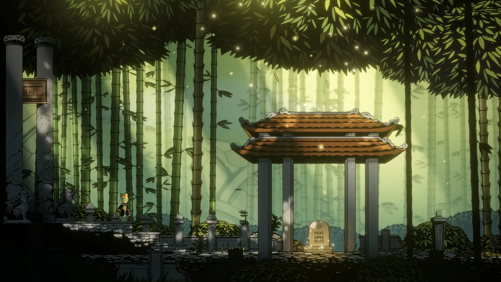 Divine Guardian | Vệ Thần: Character exploring serene bamboo forest with ancient stone gateway ahead