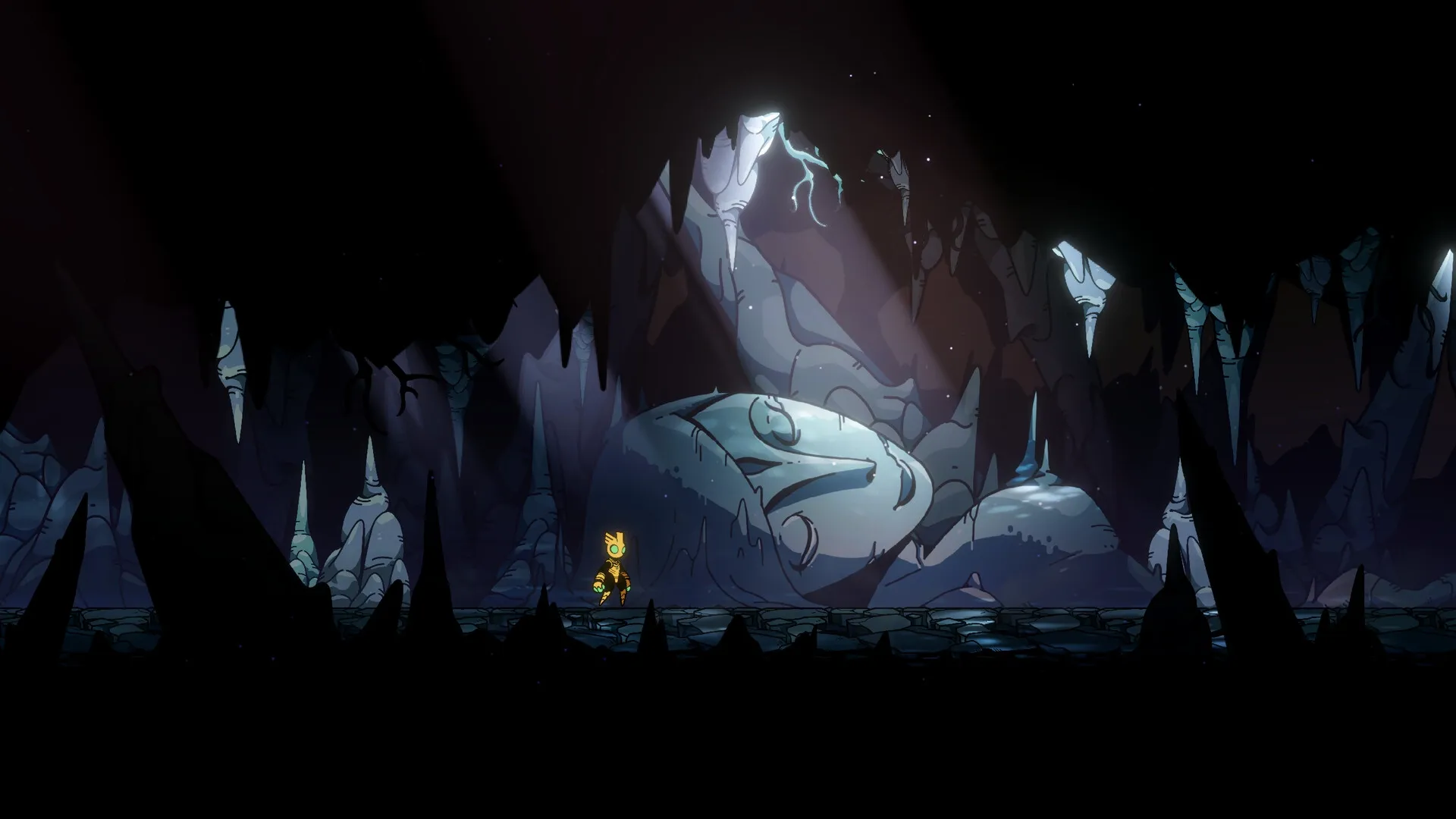 Divine Guardian | Vệ Thần: Hero explores mystical cave with giant stone face surrounded by stalactites