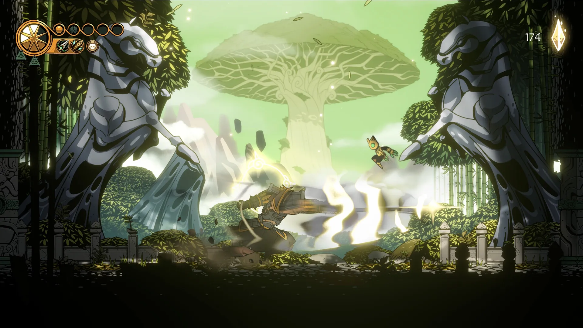 Divine Guardian | Vệ Thần: Hero leaps in combat, surrounded by mystical forest and giant statues.