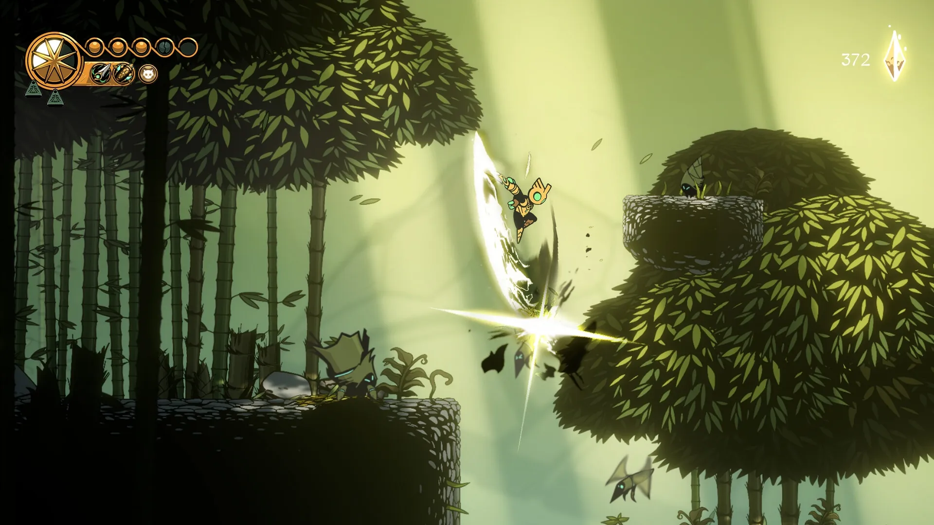 Divine Guardian | Vệ Thần: Hero performs aerial slash amidst mystical bamboo jungle with health UI visible