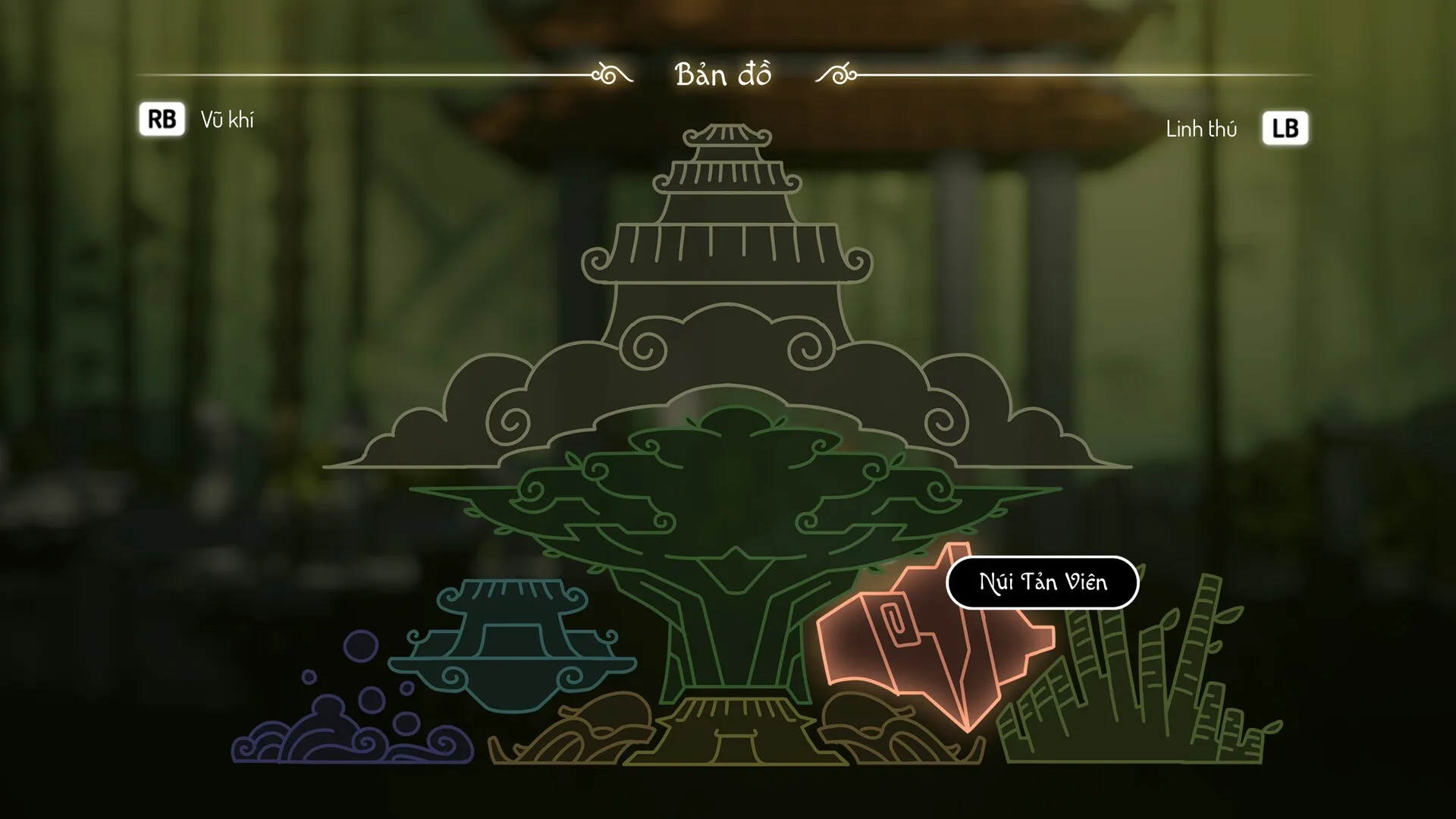 Divine Guardian | Vệ Thần: Interactive map with mystical symbols highlighted in lush jungle setting