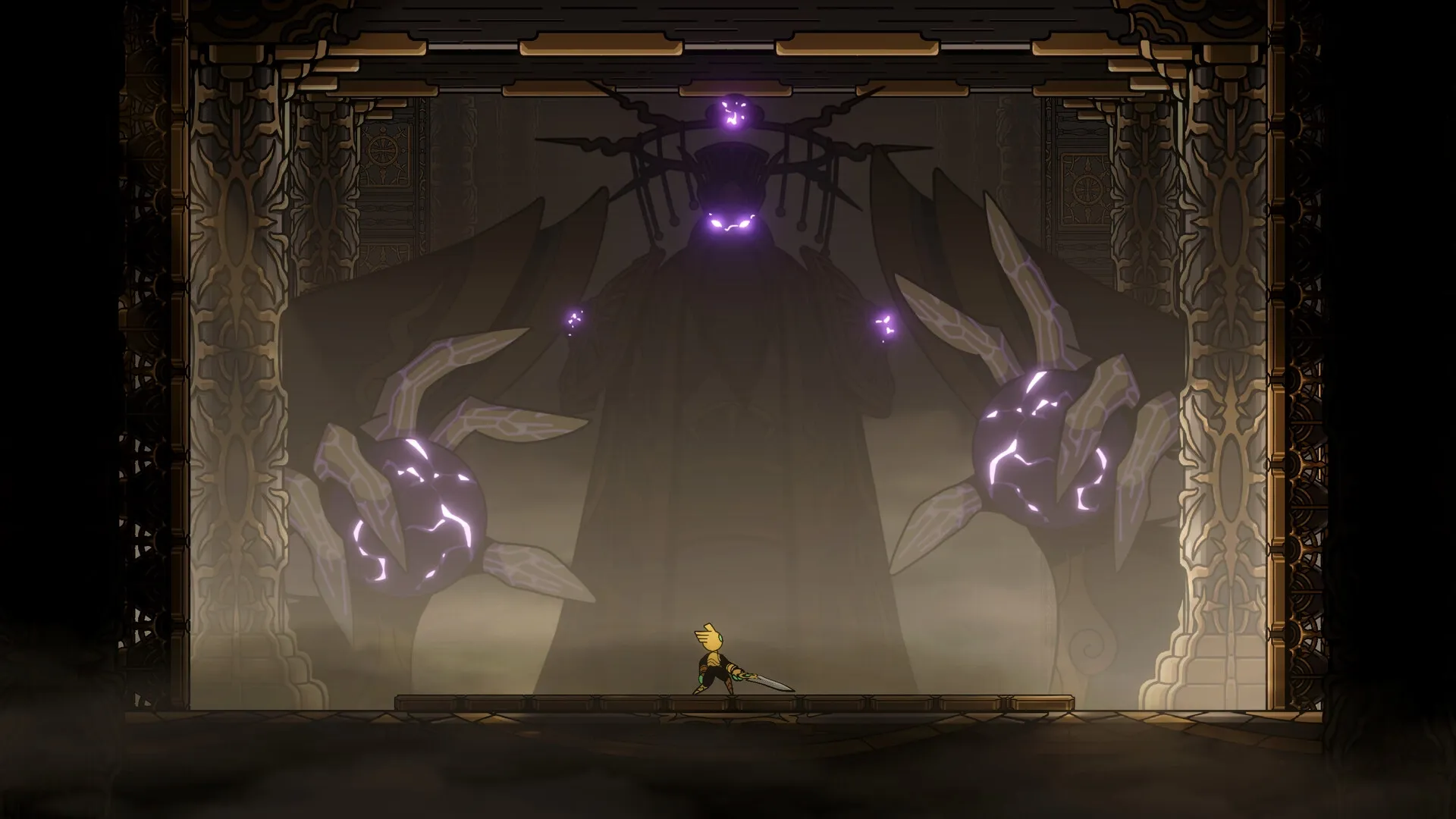 Divine Guardian | Vệ Thần: Player faces a giant shadowy figure with glowing purple eyes in an ancient temple.