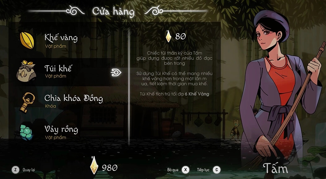 Divine Guardian | Vệ Thần: Inventory menu with character Tấm holding a broom in a Vietnamese jungle setting