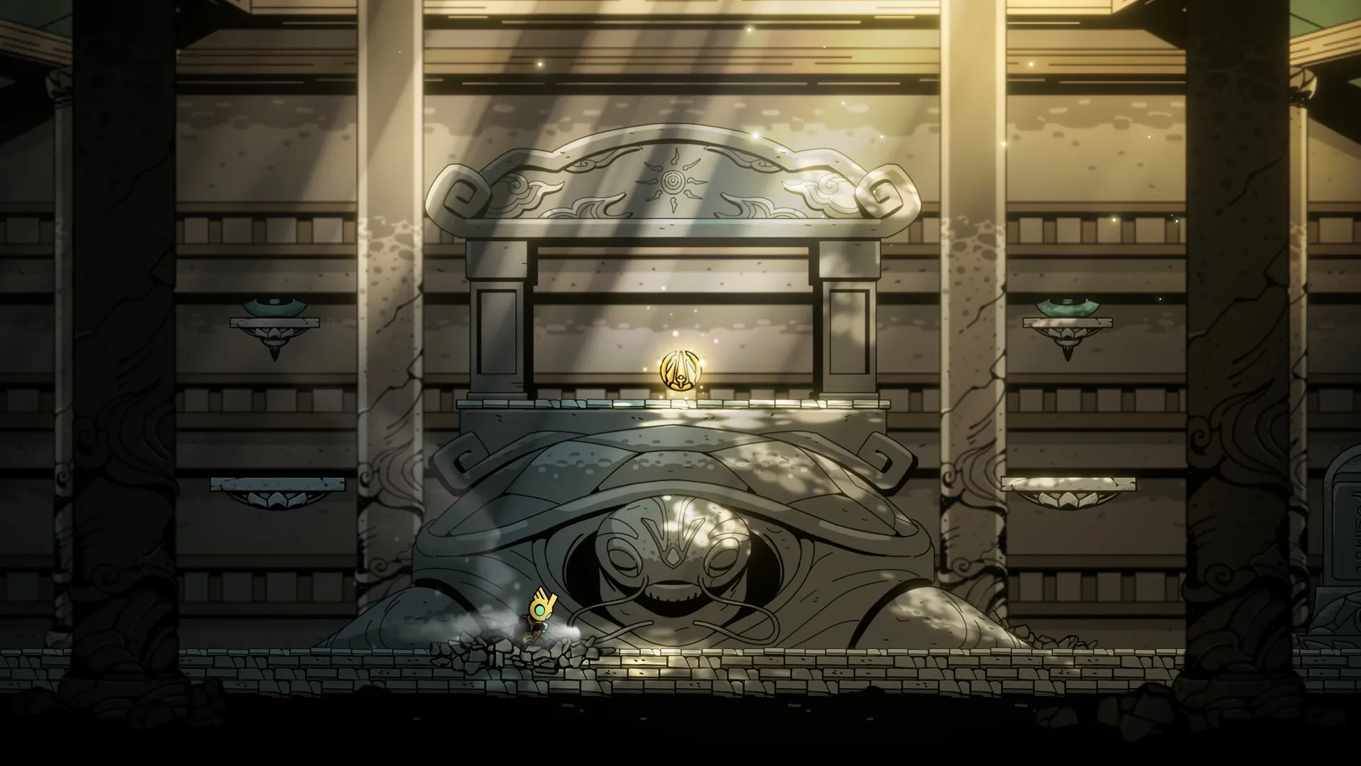 Divine Guardian | Vệ Thần: Hero explores ancient temple interior, light illuminating mystical carvings