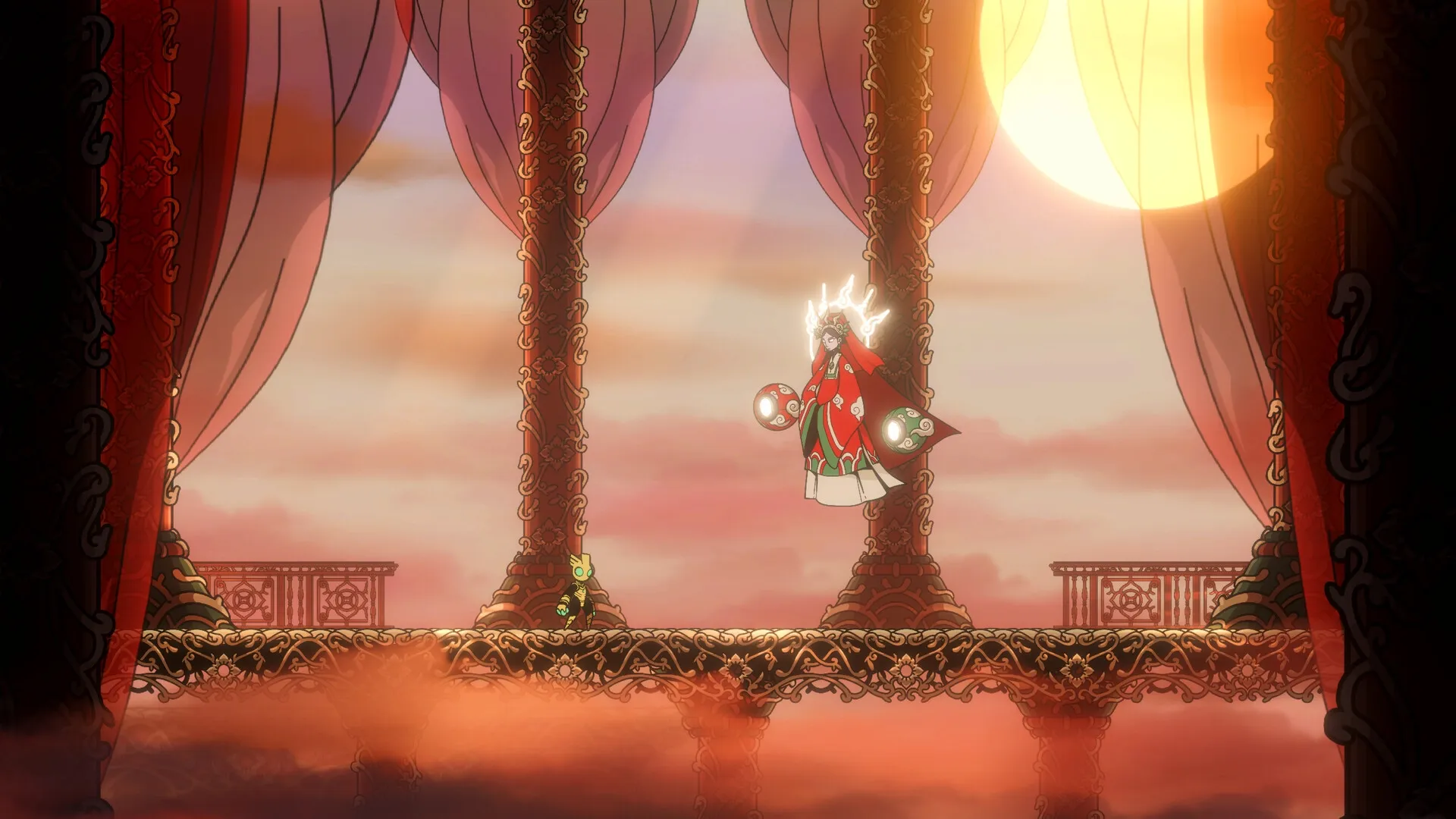 Divine Guardian | Vệ Thần: Floating mystical figure confronts hero on ornate platform in sunset-lit temple.