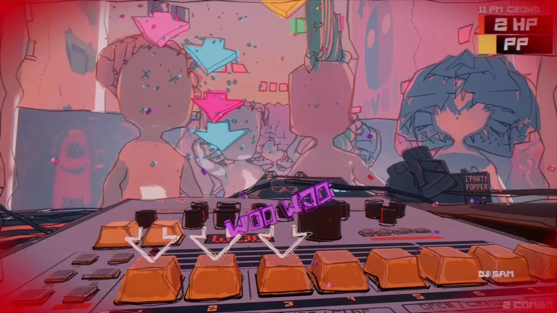 DJ till Dawn: Rhythm arrows over DJ mixer, crowd silhouettes ahead, 2 HP UI in neon club scene.