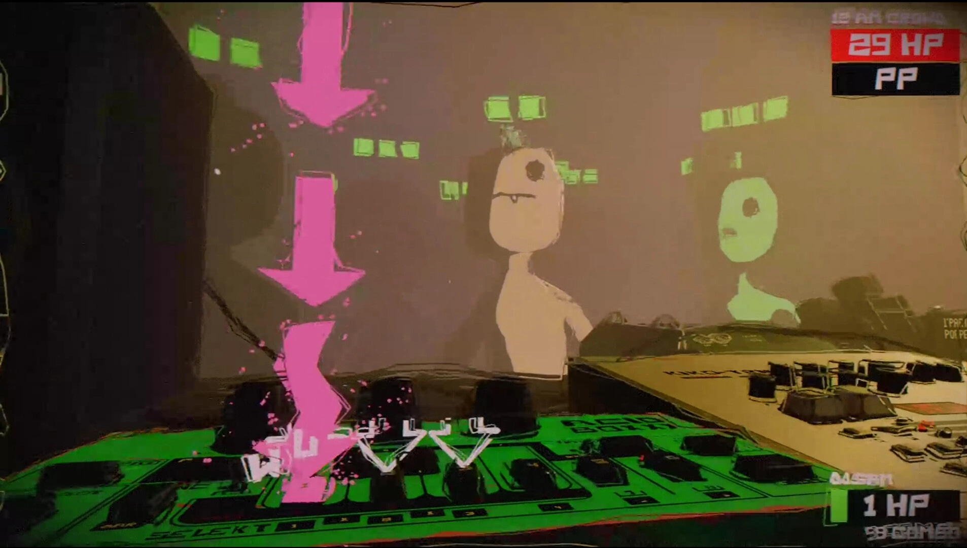 DJ till Dawn: Rhythm note arrows over a DJ deck, HP counter at 29, neon club crowd behind.