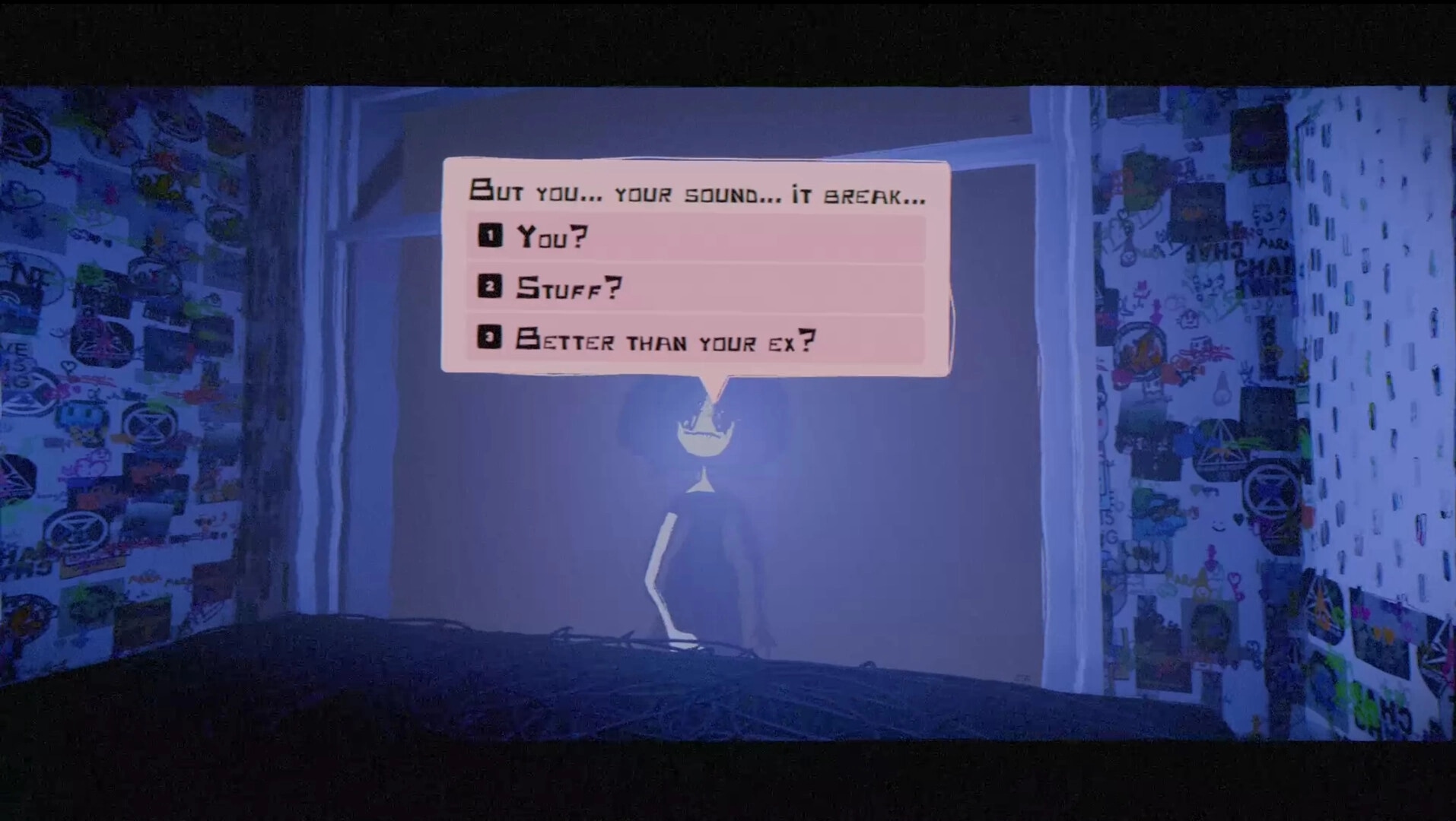 DJ till Dawn: Dialogue choice box over silhouetted character in graffiti-covered hallway doorway at night.