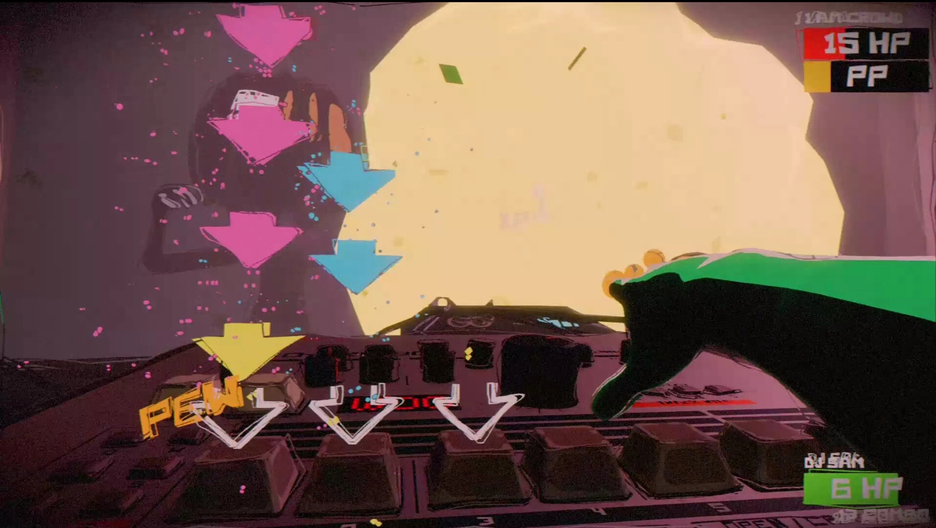 DJ till Dawn: First-person DJ deck rhythm battle with falling arrows, HP bars, and neon cave stage.