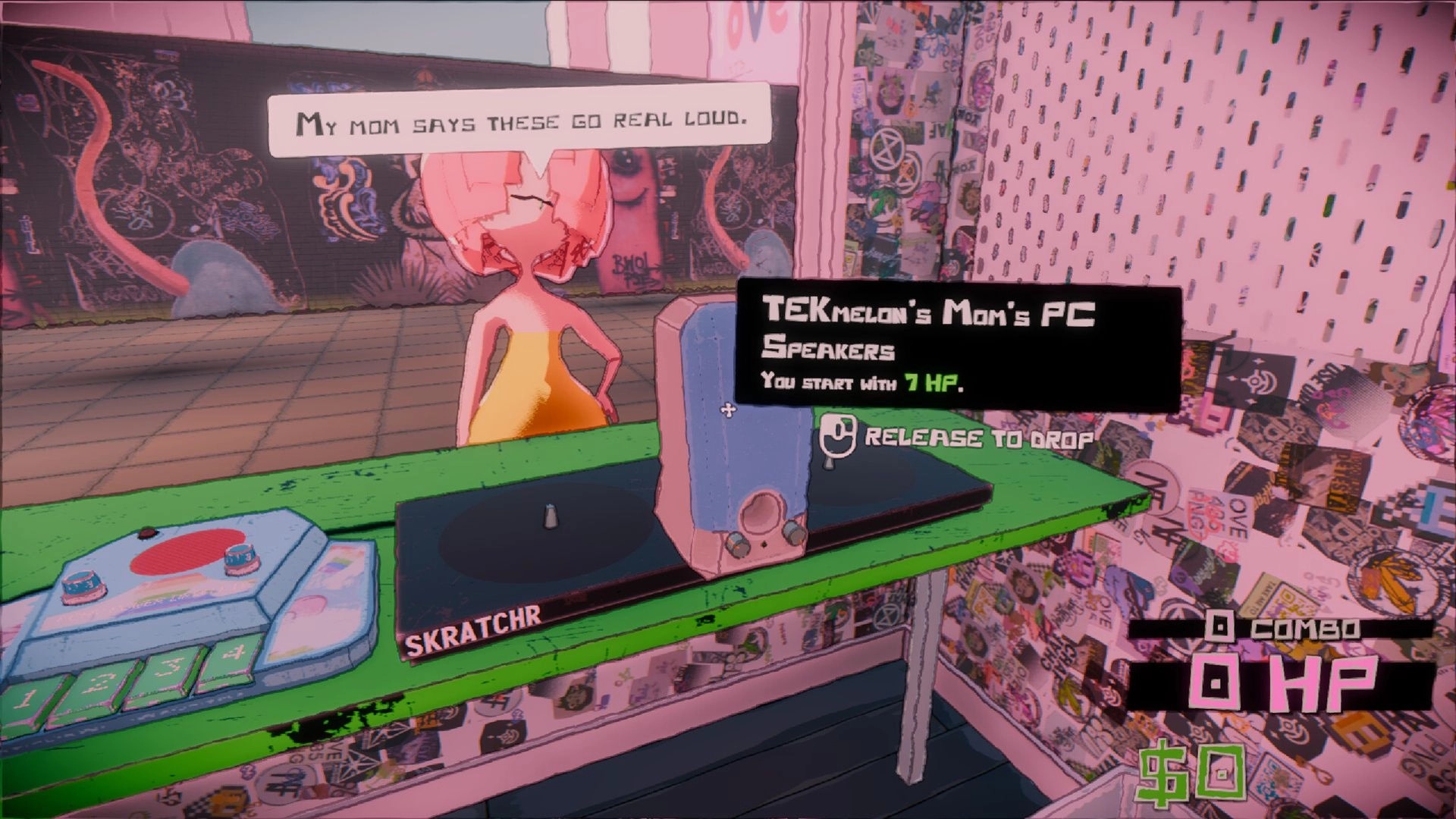 DJ till Dawn: Picking up Tekmelon’s Mom’s PC Speakers on a green shelf in a stickered room.