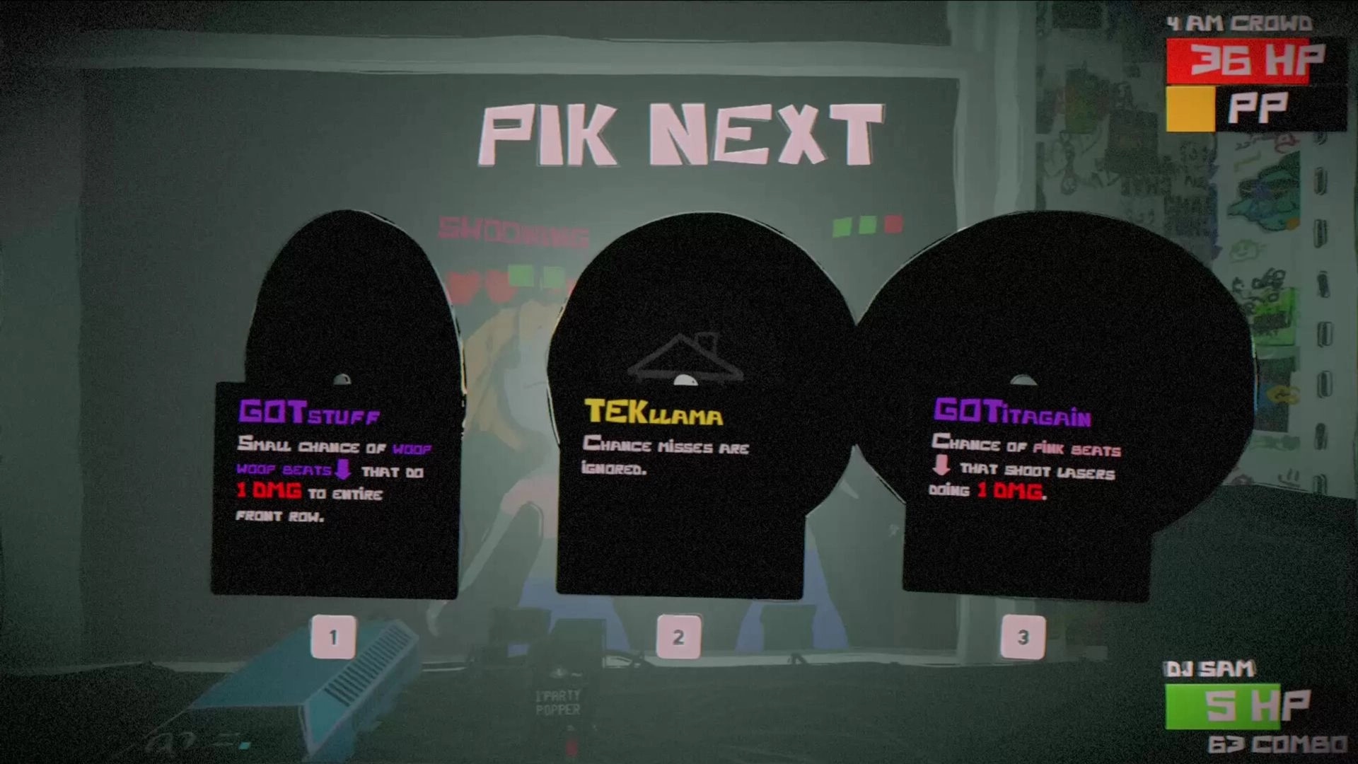 DJ till Dawn: Pick Next perk selection with three vinyl icons and HP meter in a dim DJ booth.