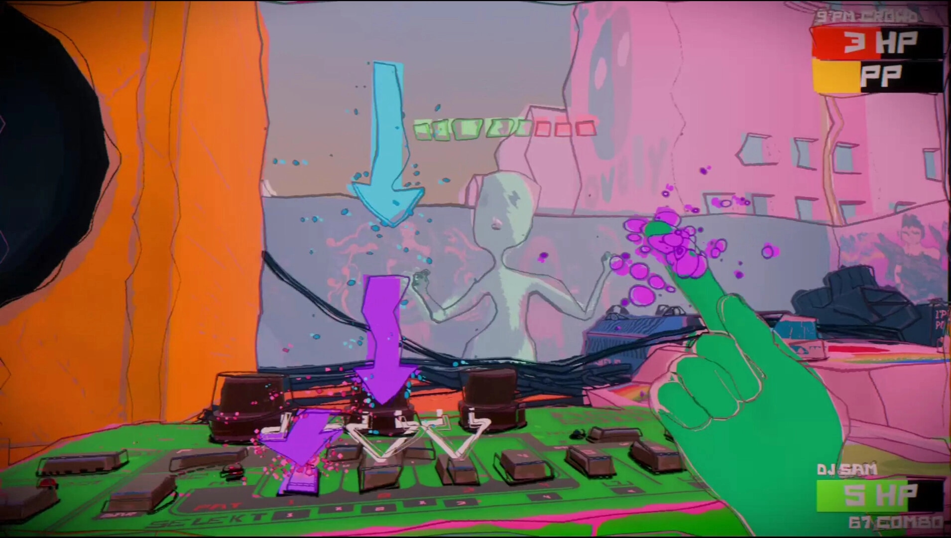 DJ till Dawn: First-person DJ deck rhythm prompts and HP bars in a neon alley with a ghostly crowd.
