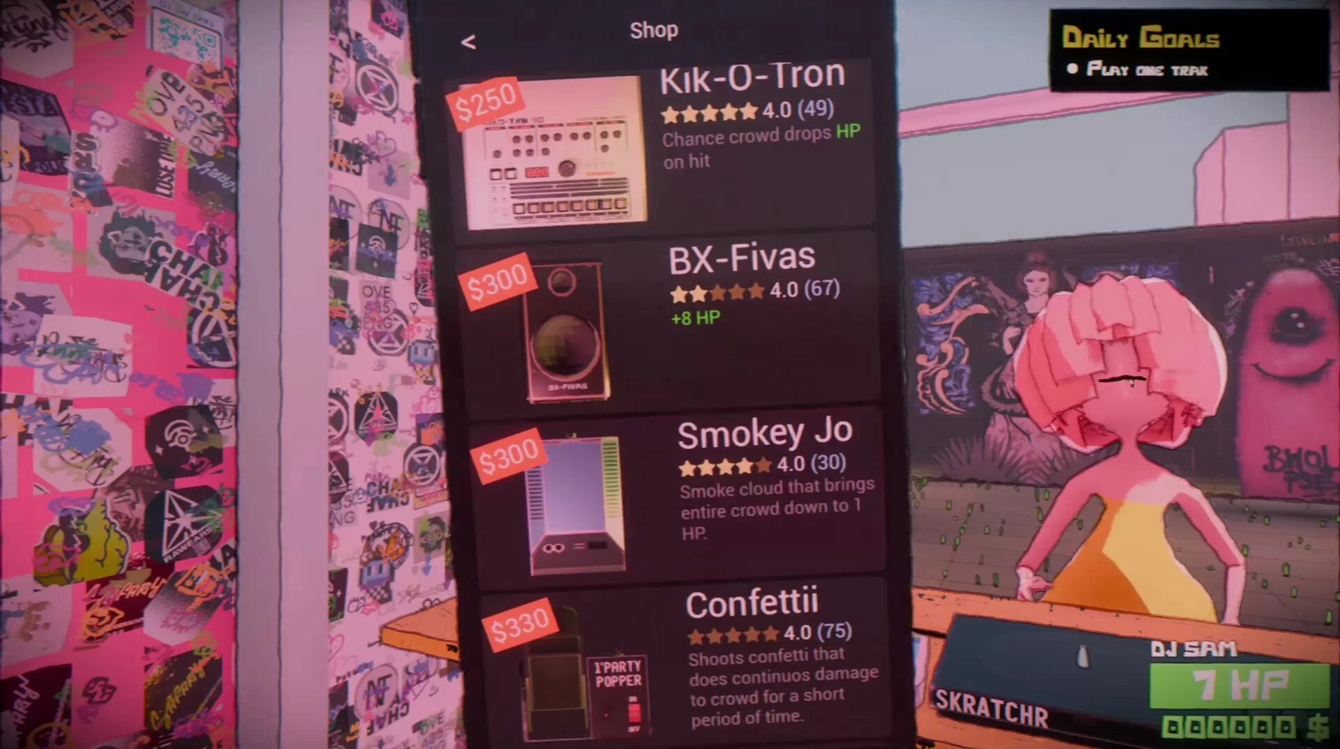 DJ till Dawn: Shop menu listing gear and prices beside DJ Sam in a graffiti-covered club booth.