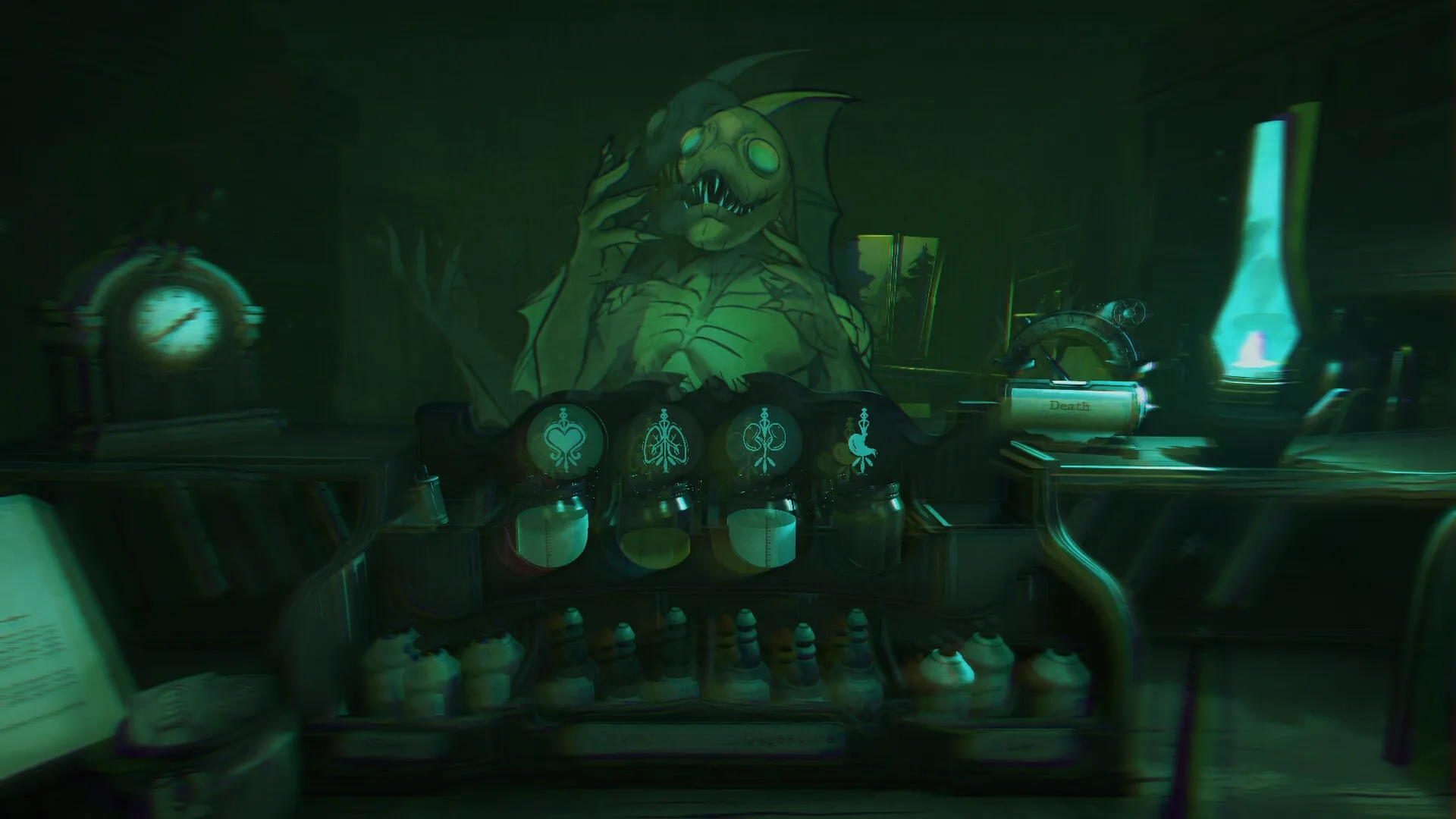 Do No Harm: Creature design with medical bottles and eerie green-lit lab environment