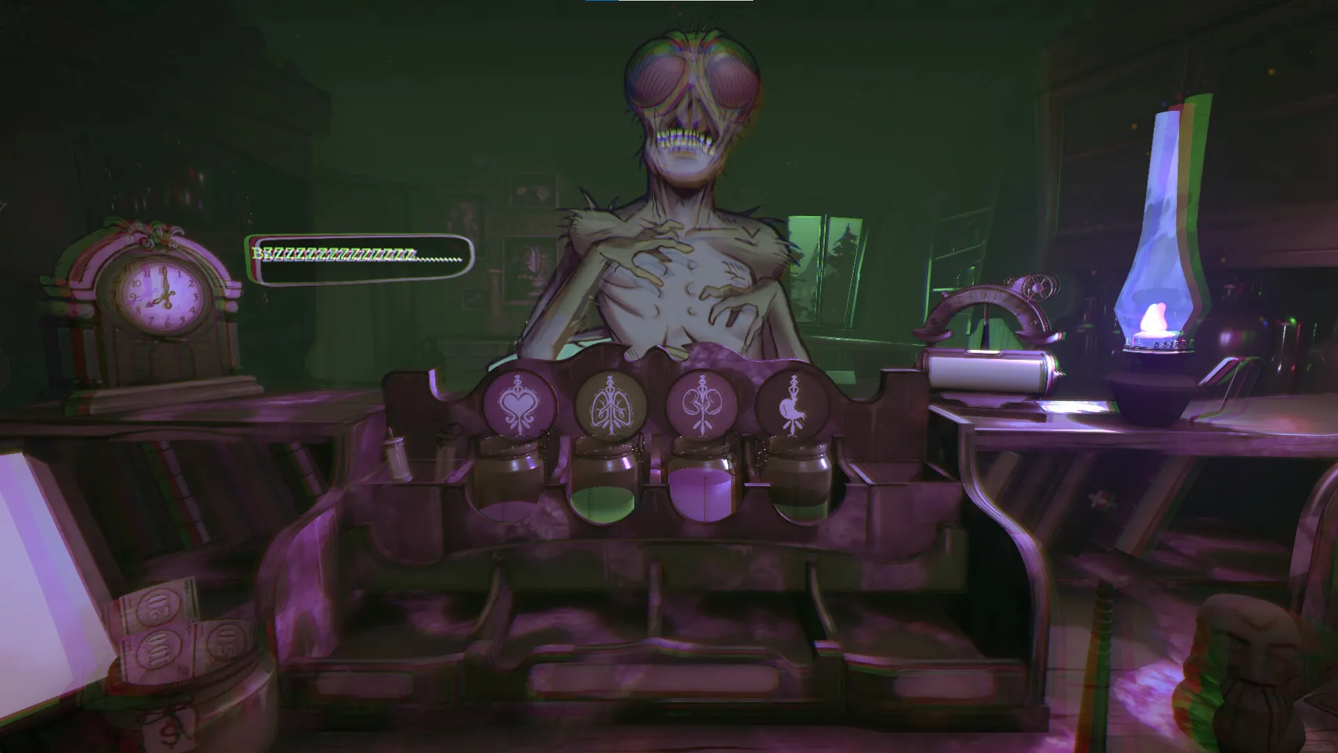 Do No Harm: Eerie creature behind potion rack in dimly lit medical study with glowing lamp and clock.