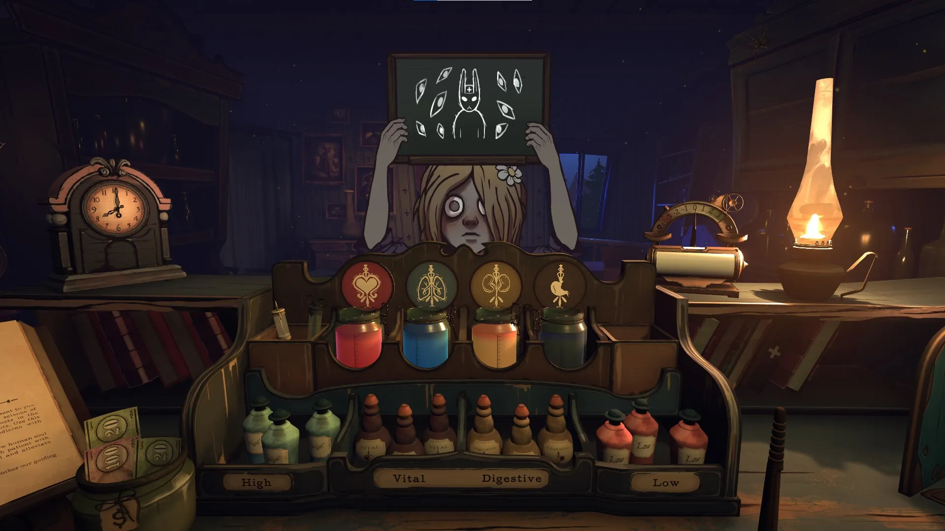 Do No Harm: Patient holding chalkboard with unsettling drawing in dimly lit apothecary setting