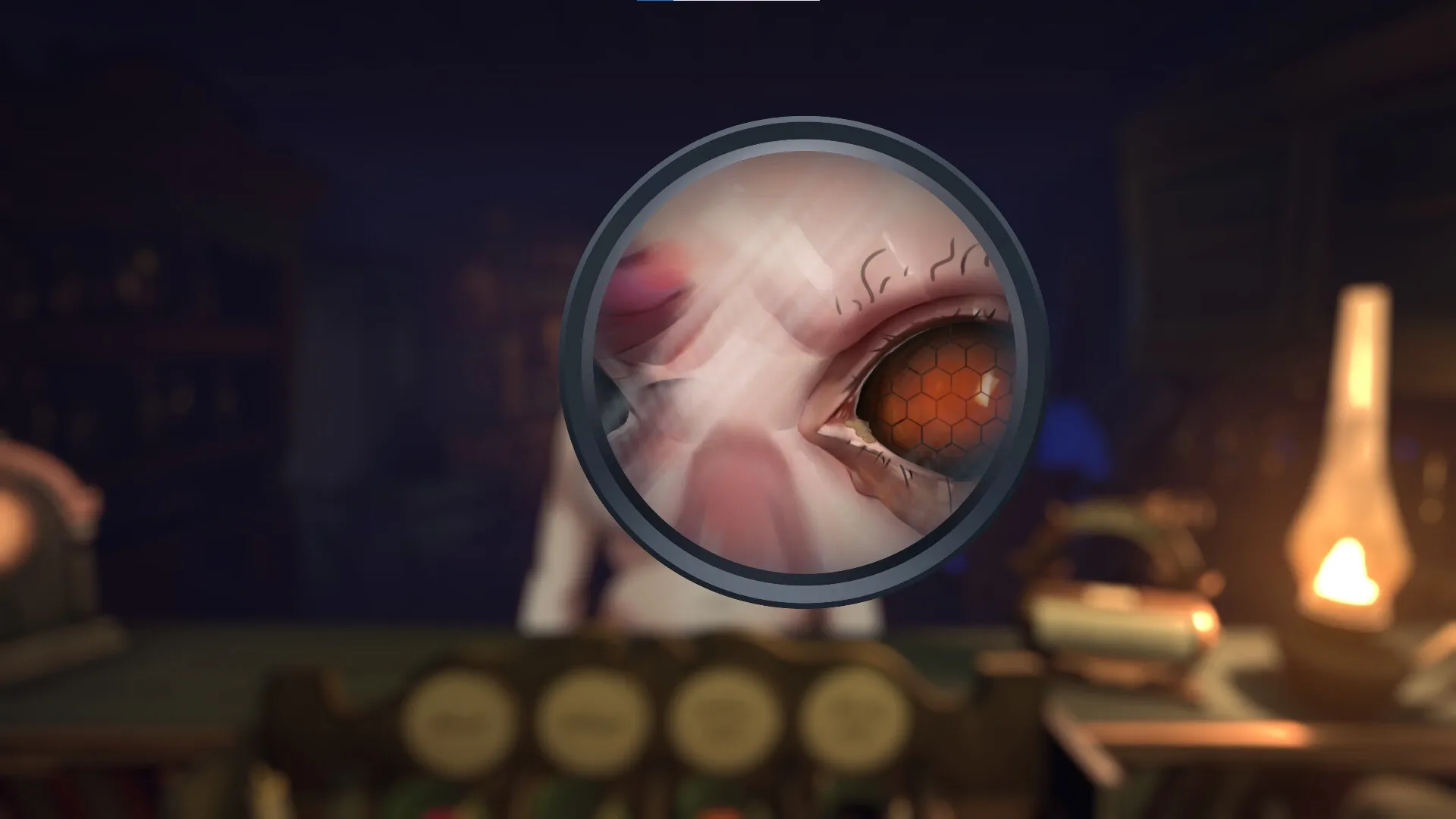 Do No Harm: Examine a patient's eye through magnifying glass in a dimly lit medical study.