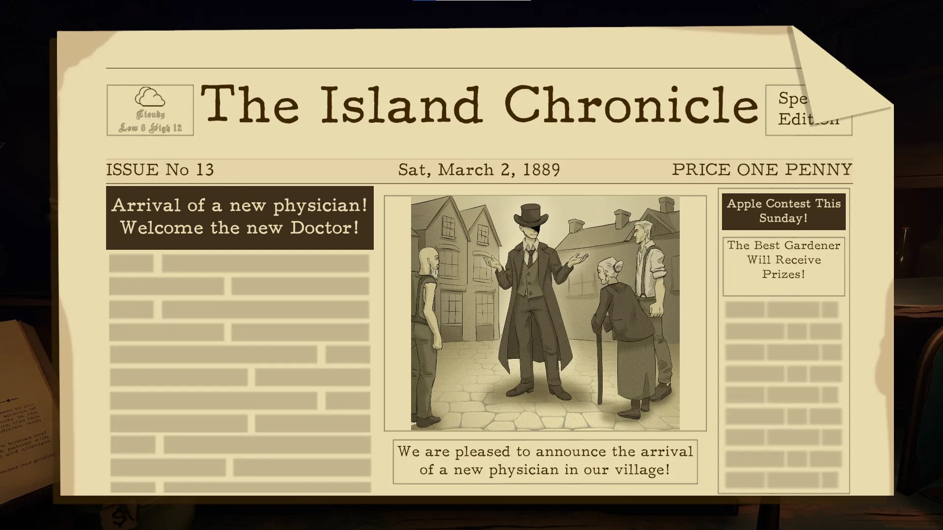 Do No Harm: Newspaper announces arrival of new physician in village, surrounded by curious townsfolk.