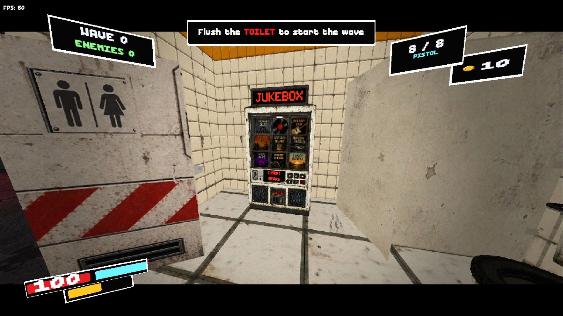 DO NOT MISS: Jukebox interaction prompt in tiled restroom hub with wave and pistol ammo UI visible.