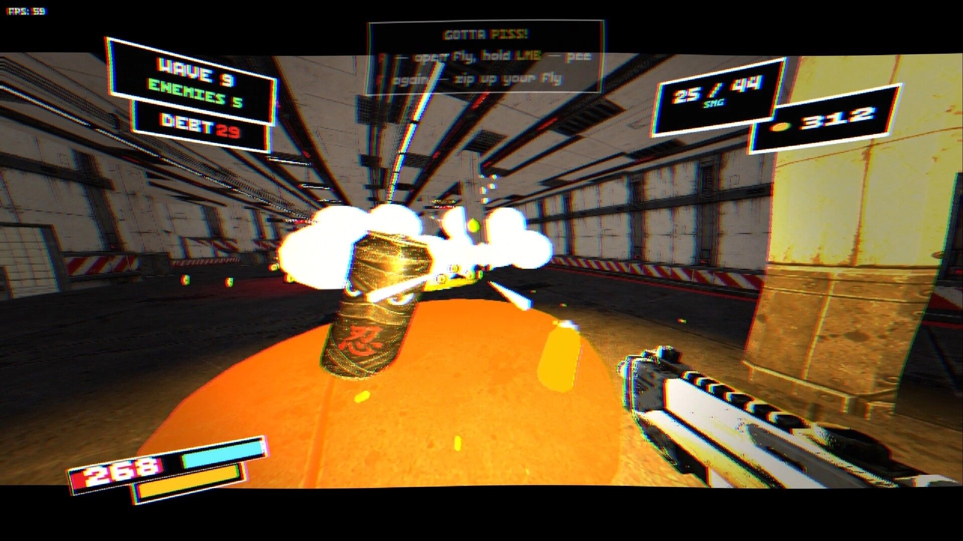 DO NOT MISS: First-person gunfire hits a floating can enemy in a sci-fi corridor with HUD stats.