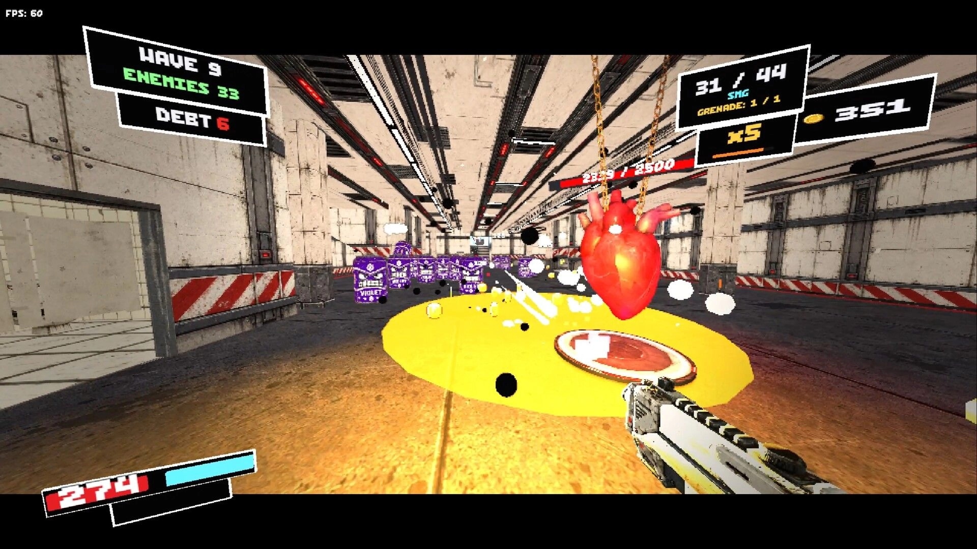 DO NOT MISS: SMG firing at purple enemies near a hanging heart pickup in a white industrial corridor.