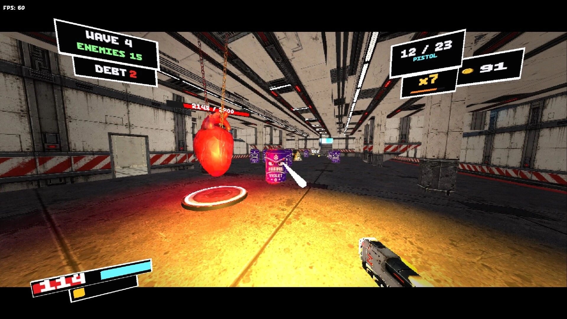 DO NOT MISS: Aiming pistol at glowing red orb and upgrade boxes in an industrial arena corridor HUD.
