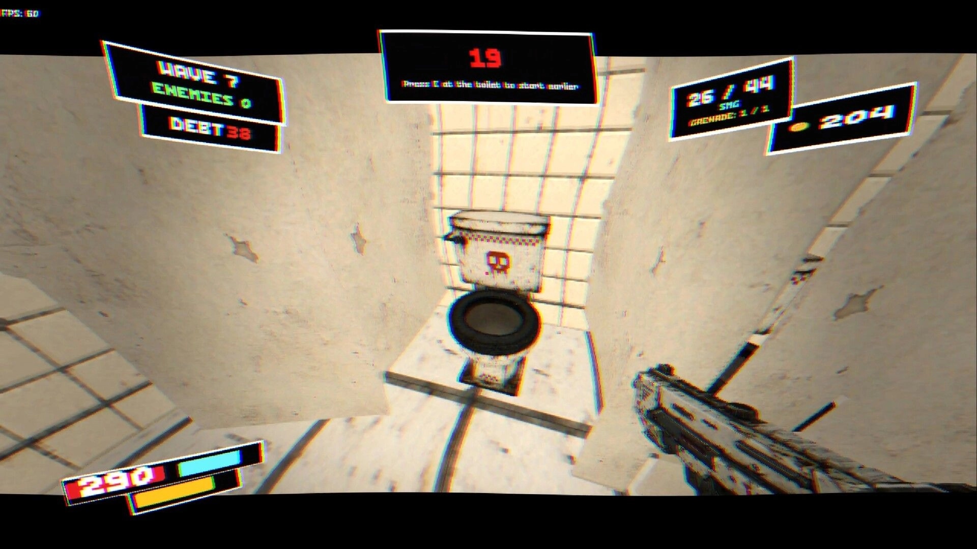 DO NOT MISS: Player aims SMG at a toilet with wave timer and ammo HUD in grimy bathroom stall.