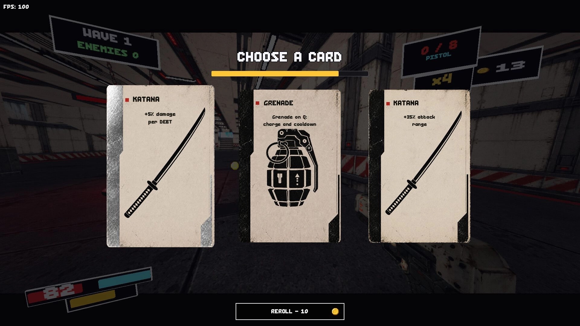 DO NOT MISS: Choose a card upgrade screen with katana and grenade options in industrial arena corridor.