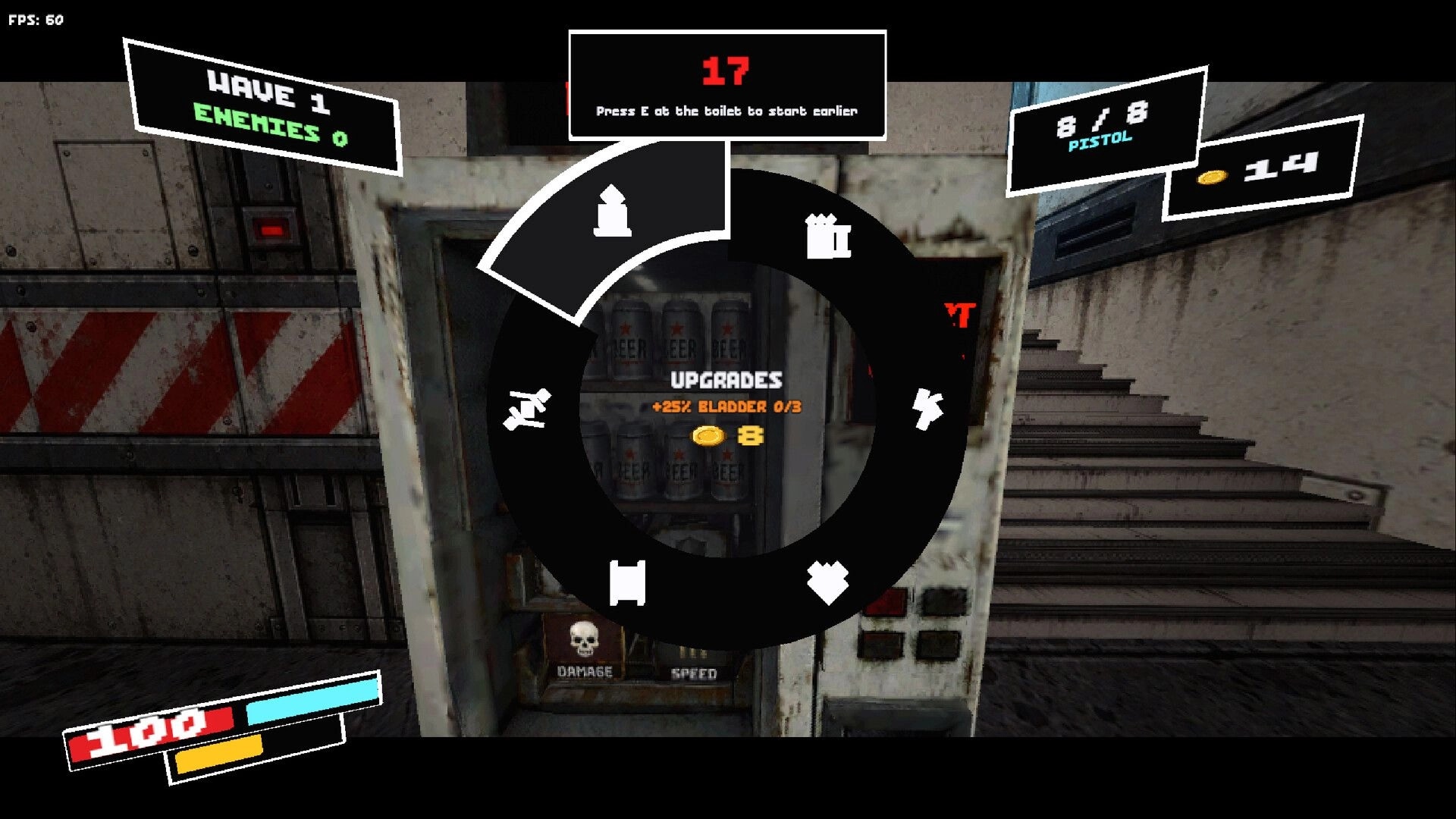 DO NOT MISS: Upgrade wheel open on vending machine in gritty stairwell, Wave 1 HUD and pistol ammo shown.