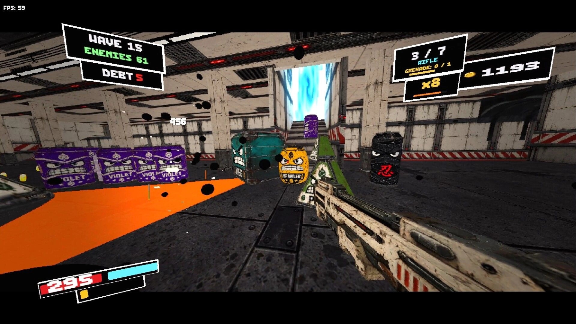 DO NOT MISS: Rifle aimed at angry vending machines, wave HUD visible in a gritty sci-fi arena room.
