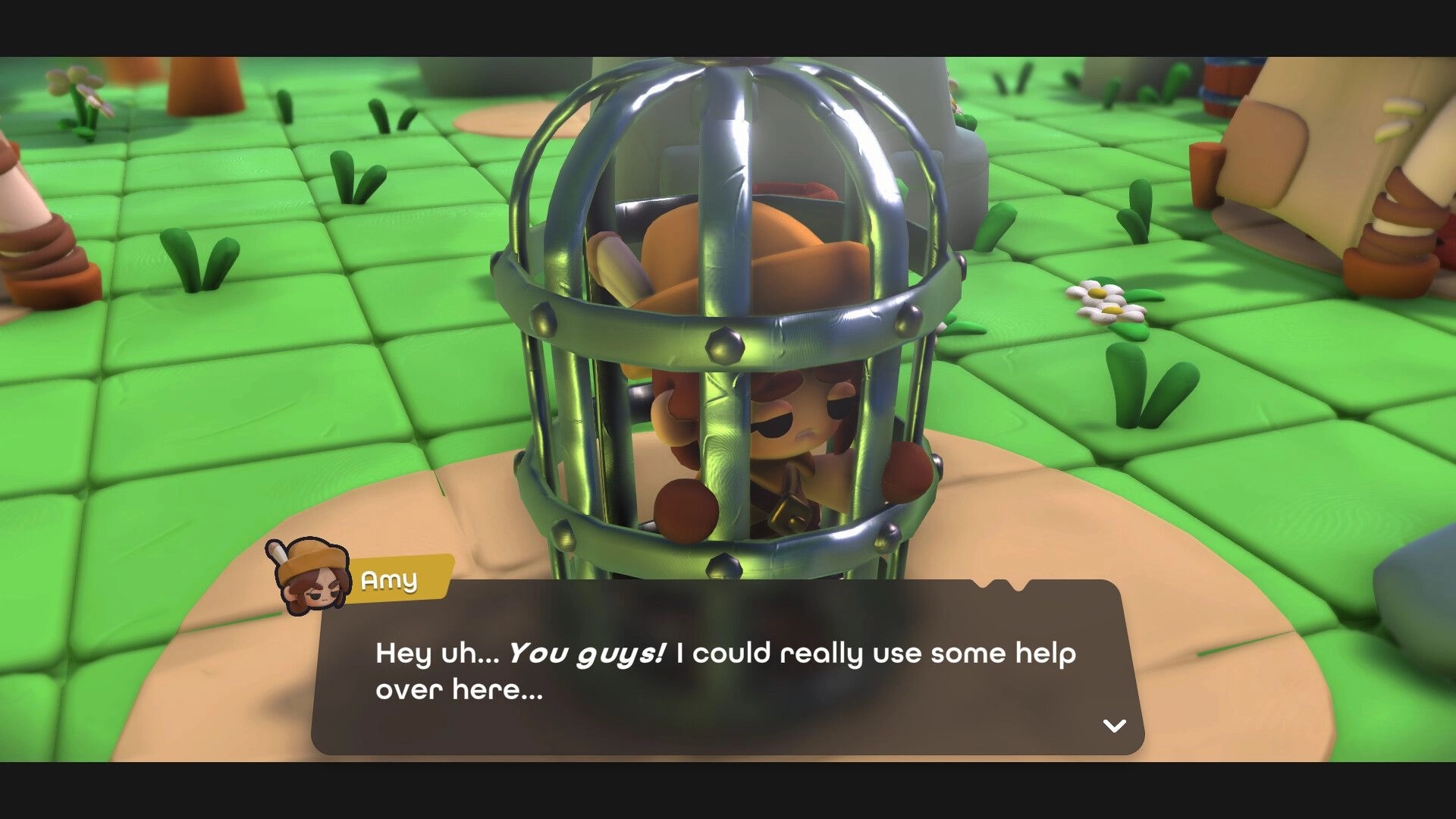 Dobbel Dungeon: Amy trapped in cage on grassy island with dialogue box requesting help