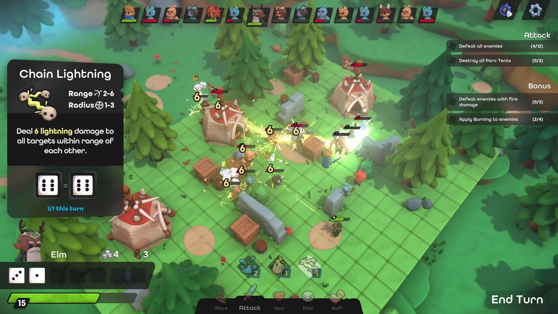 Dobbel Dungeon: Chain Lightning attack on grid-based forest battlefield with active quest objectives