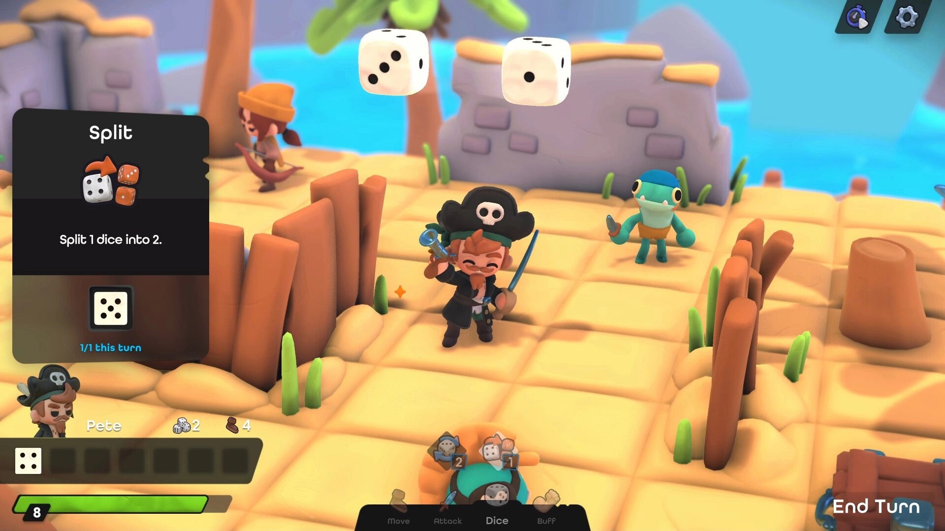 Dobbel Dungeon: Pirate character Pete and allies roll dice in island battle setting with visible UI elements