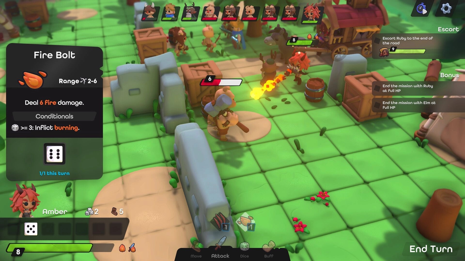 Dobbel Dungeon: Amber casts Fire Bolt at enemies in a grid-based forest setting with tactical UI elements