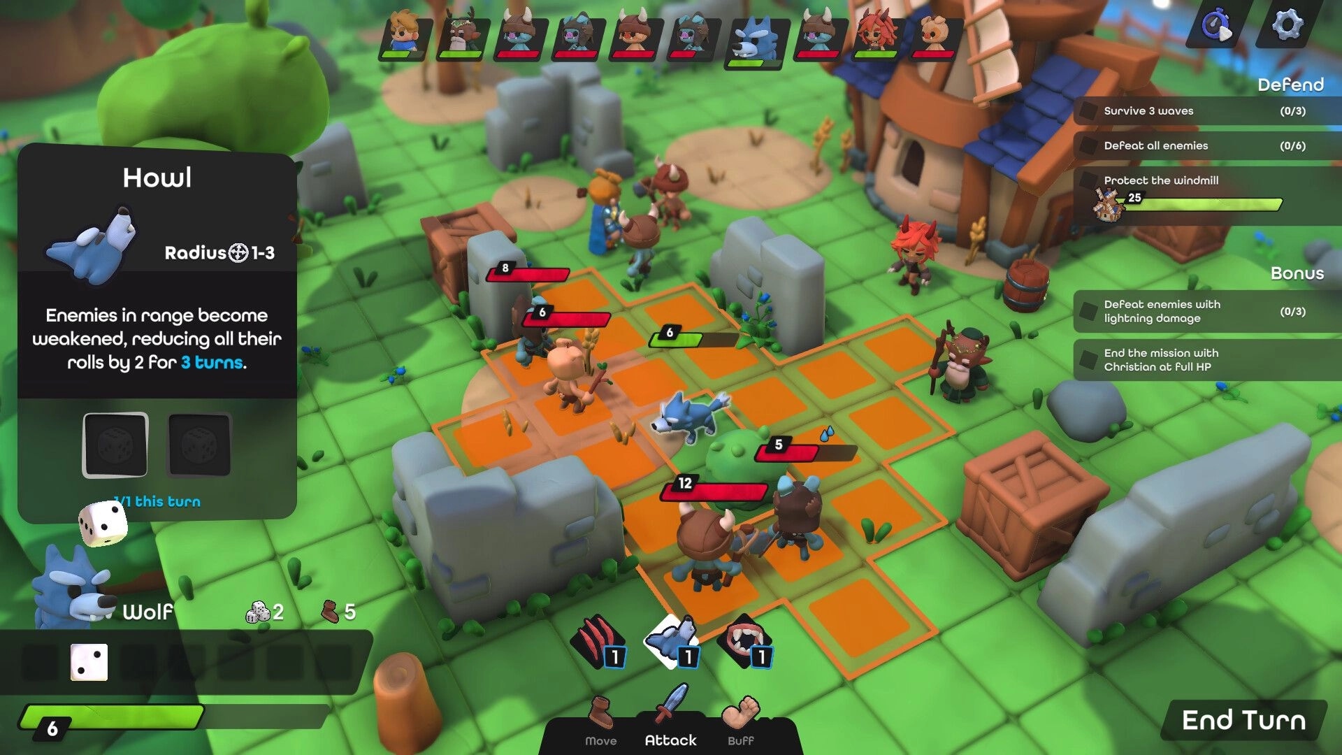 Dobbel Dungeon: Tactical combat with characters and wolf enemy on grid near windmill, UI displays actions