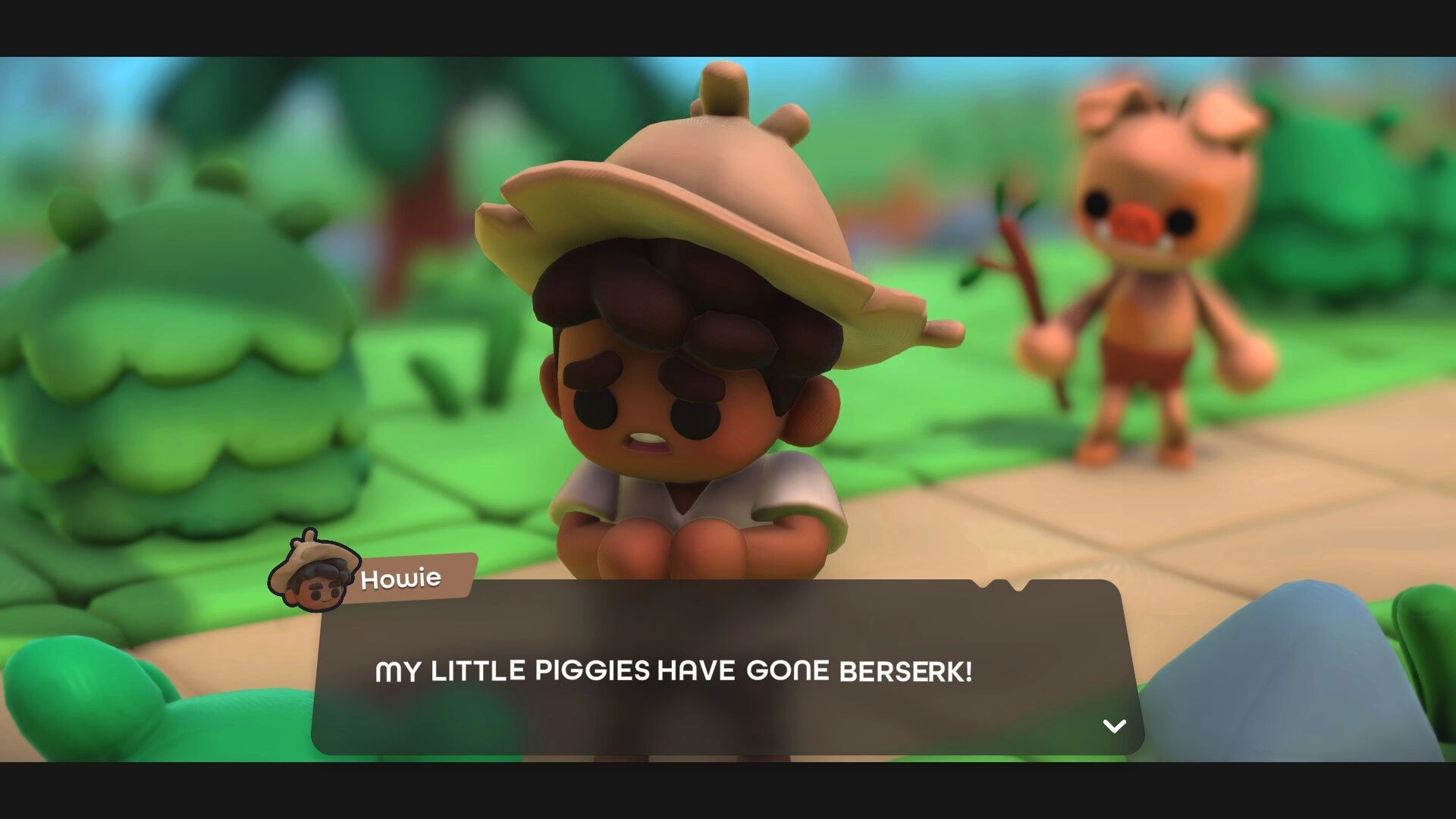 Dobbel Dungeon: Howie worried about berserk piggies in lush green forest with dialogue box visible
