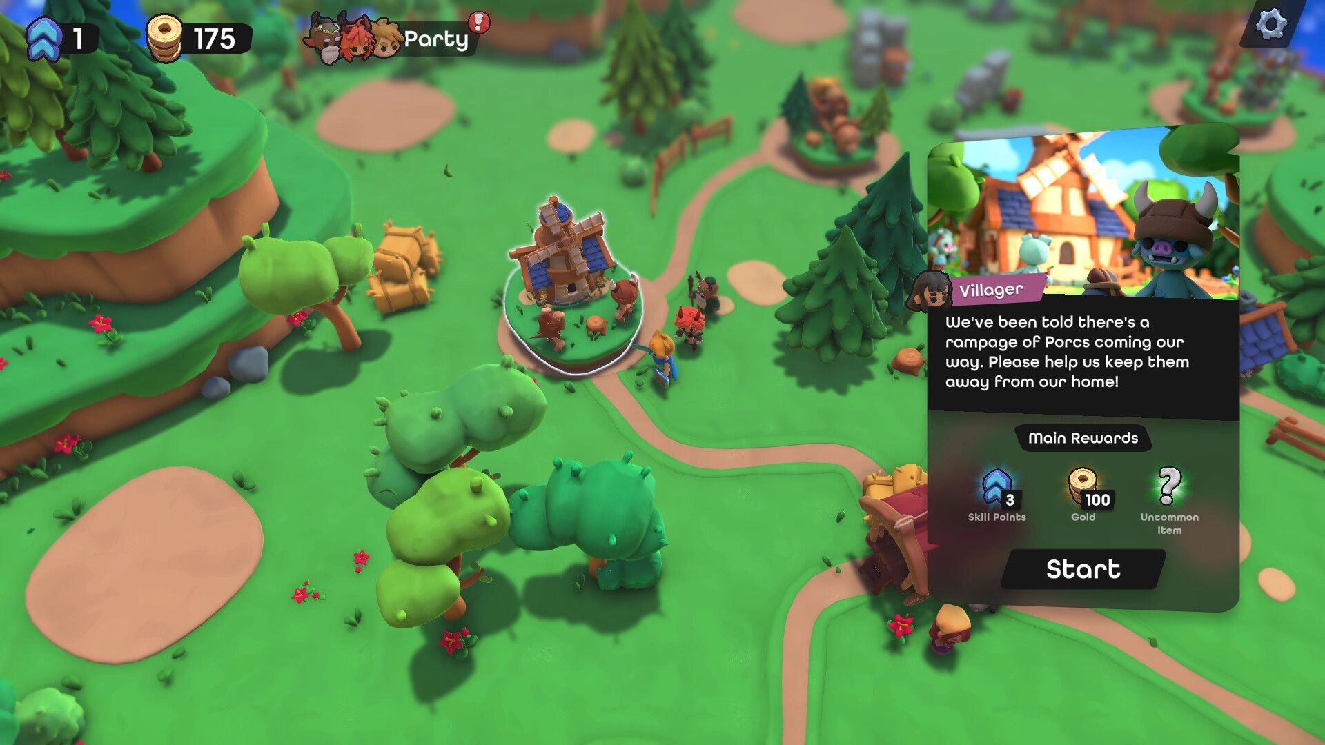 Dobbel Dungeon: Overhead view of village quest prompt with character party and rewards displayed
