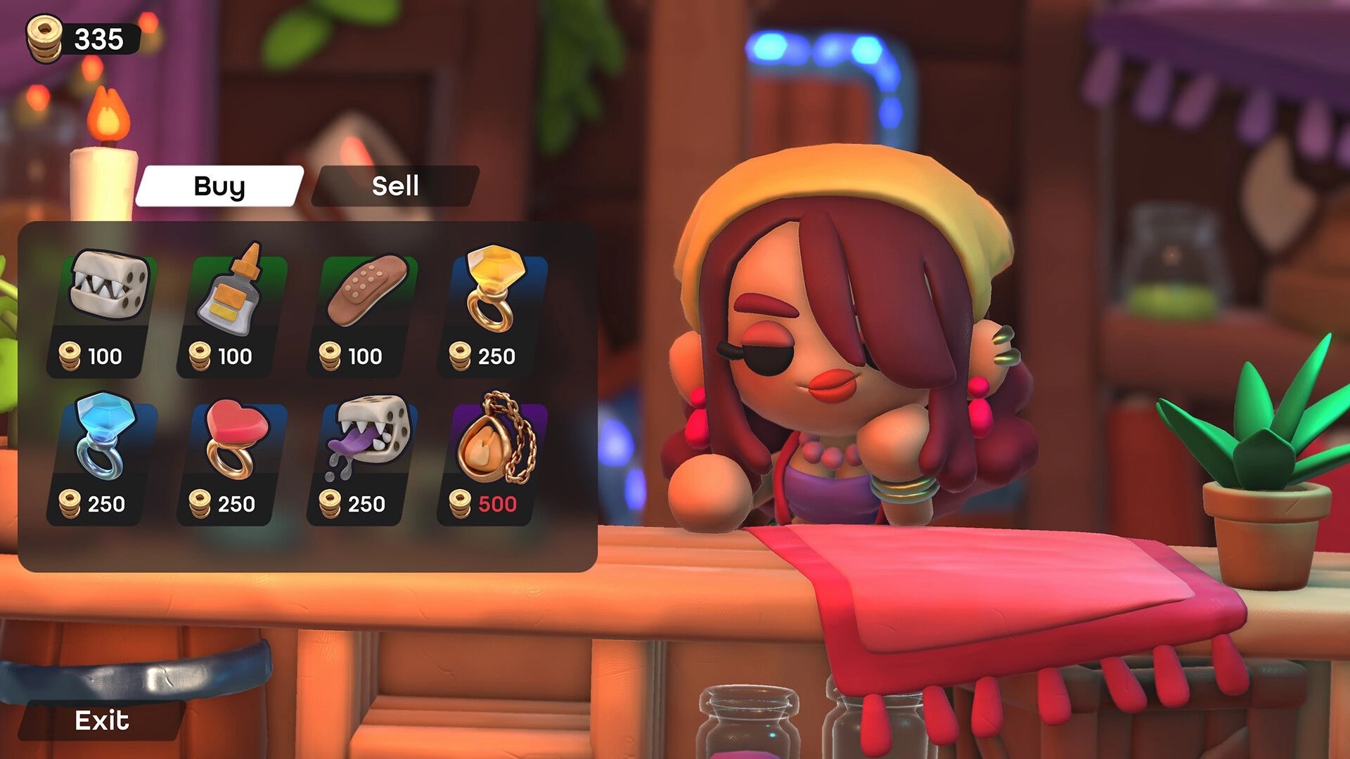 Dobbel Dungeon: Merchant shop interface with various items for sale and character behind counter