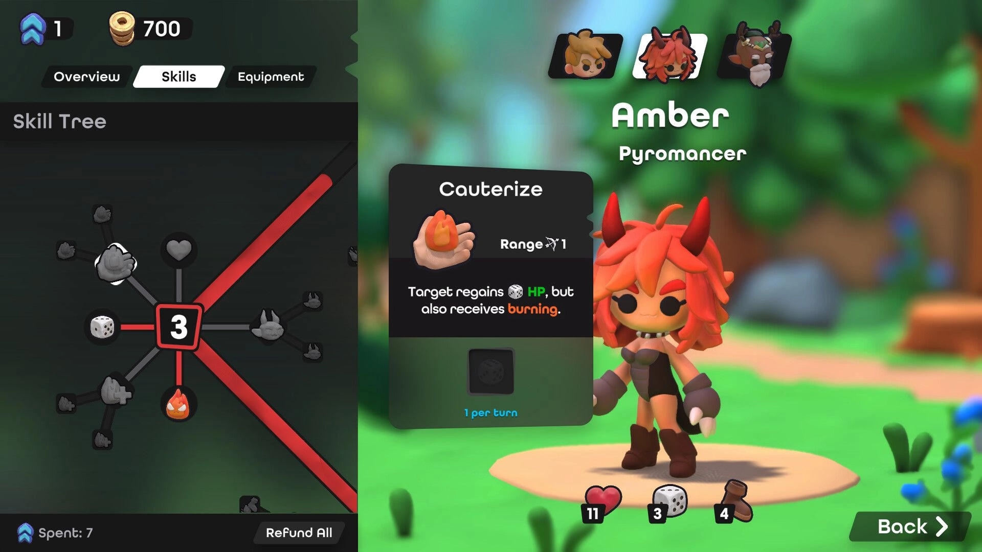 Dobbel Dungeon: Amber the Pyromancer skill tree with Cauterize ability details in forest setting